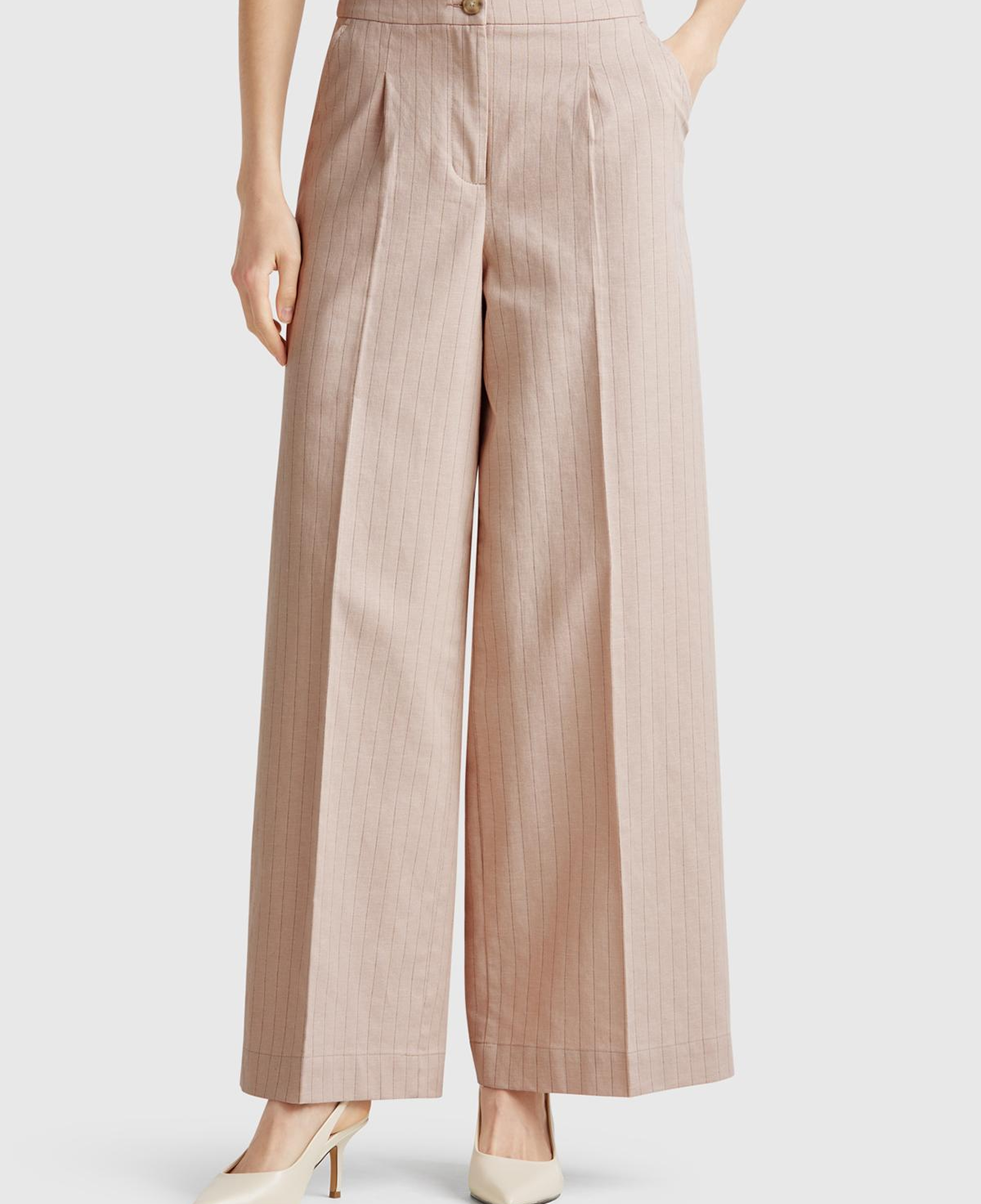 Kadın Bej Pamuk ve Keten Karışımlı İnce Çizgili Palazzo Pantolon