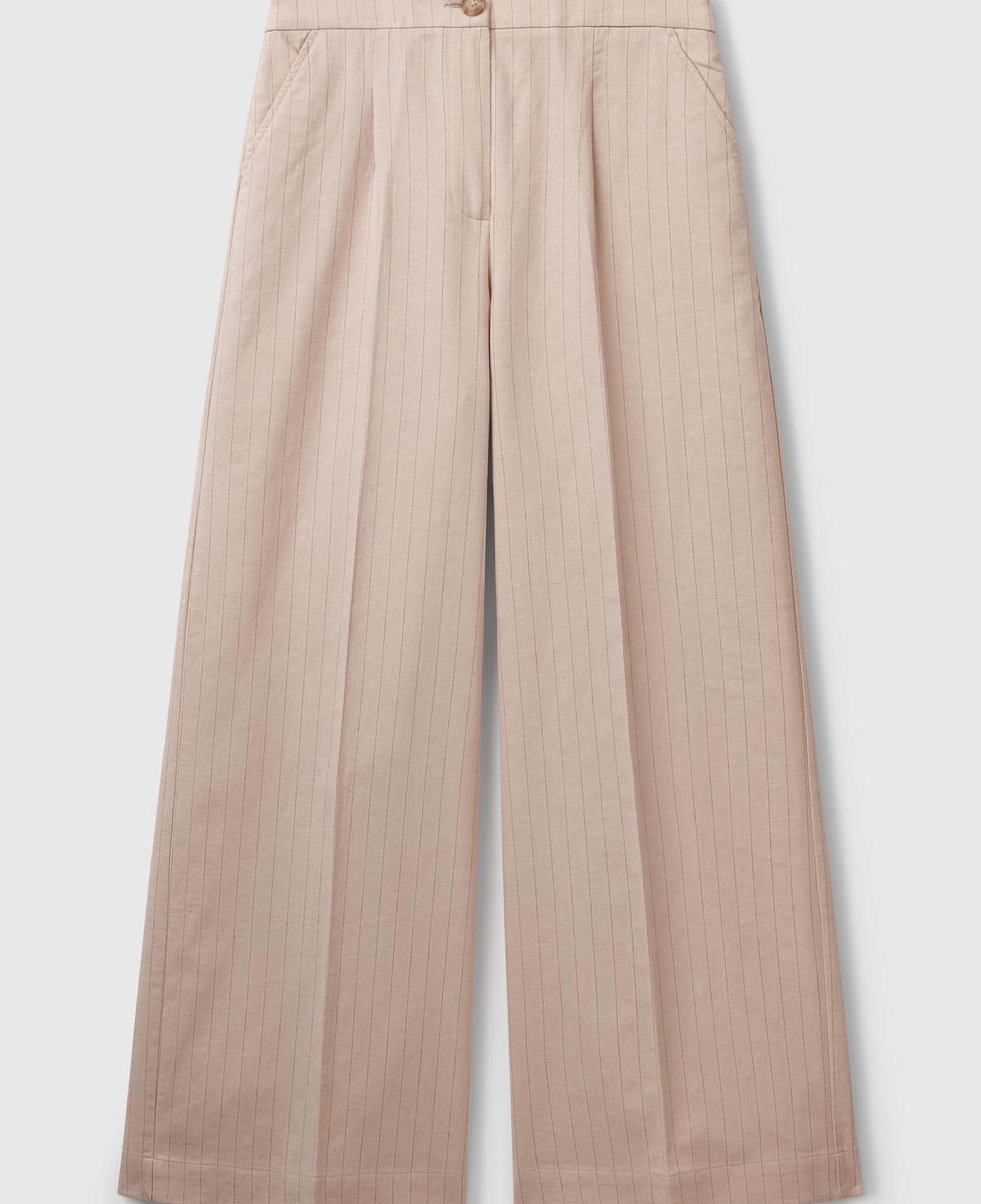 Kadın Bej Pamuk ve Keten Karışımlı İnce Çizgili Palazzo Pantolon