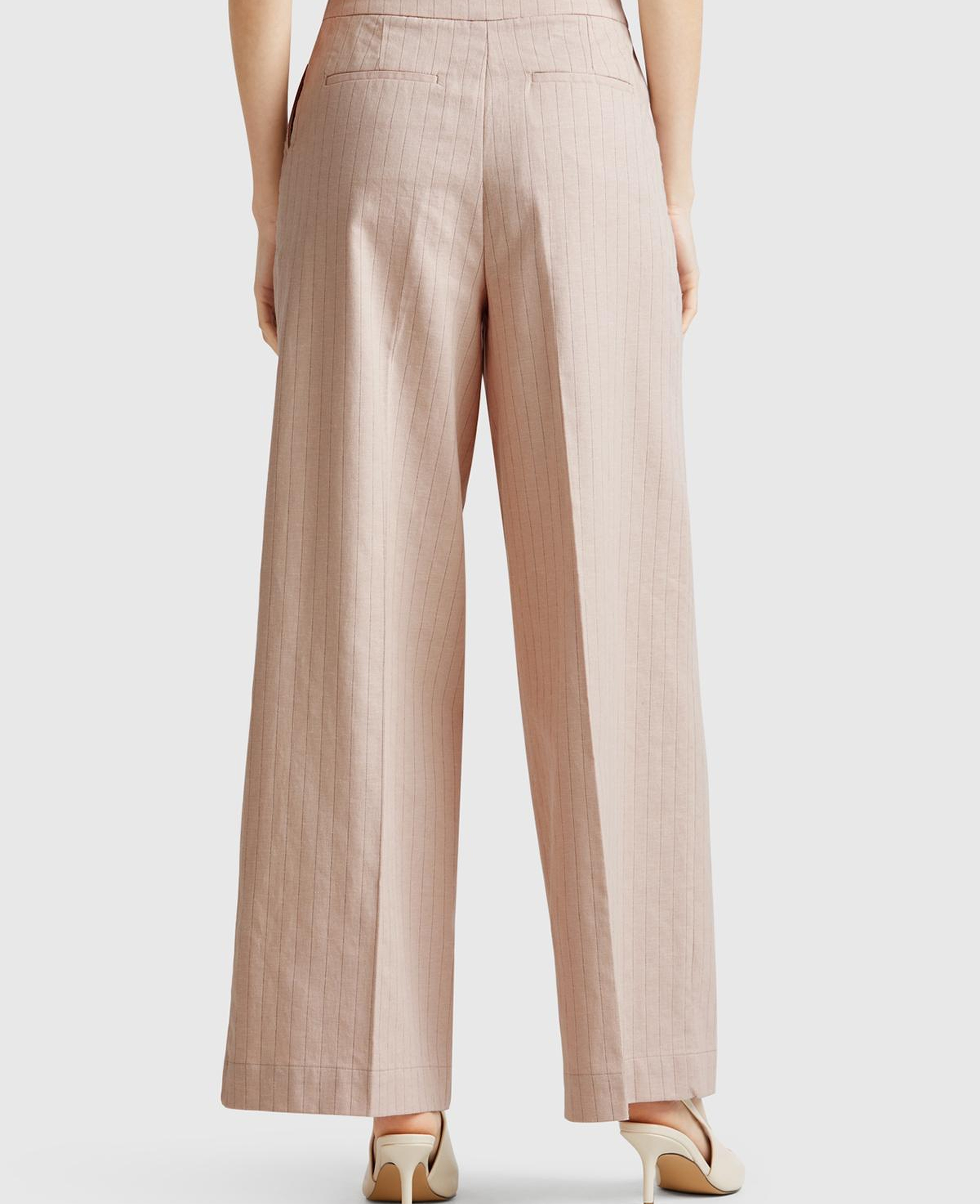 Kadın Bej Pamuk ve Keten Karışımlı İnce Çizgili Palazzo Pantolon