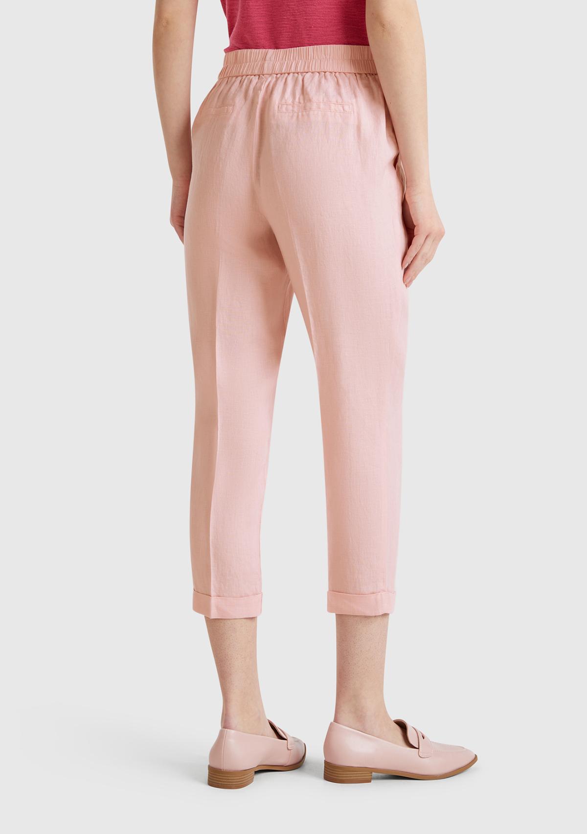 Kadın Pembe %100 Keten Beli Lastikli Pantolon