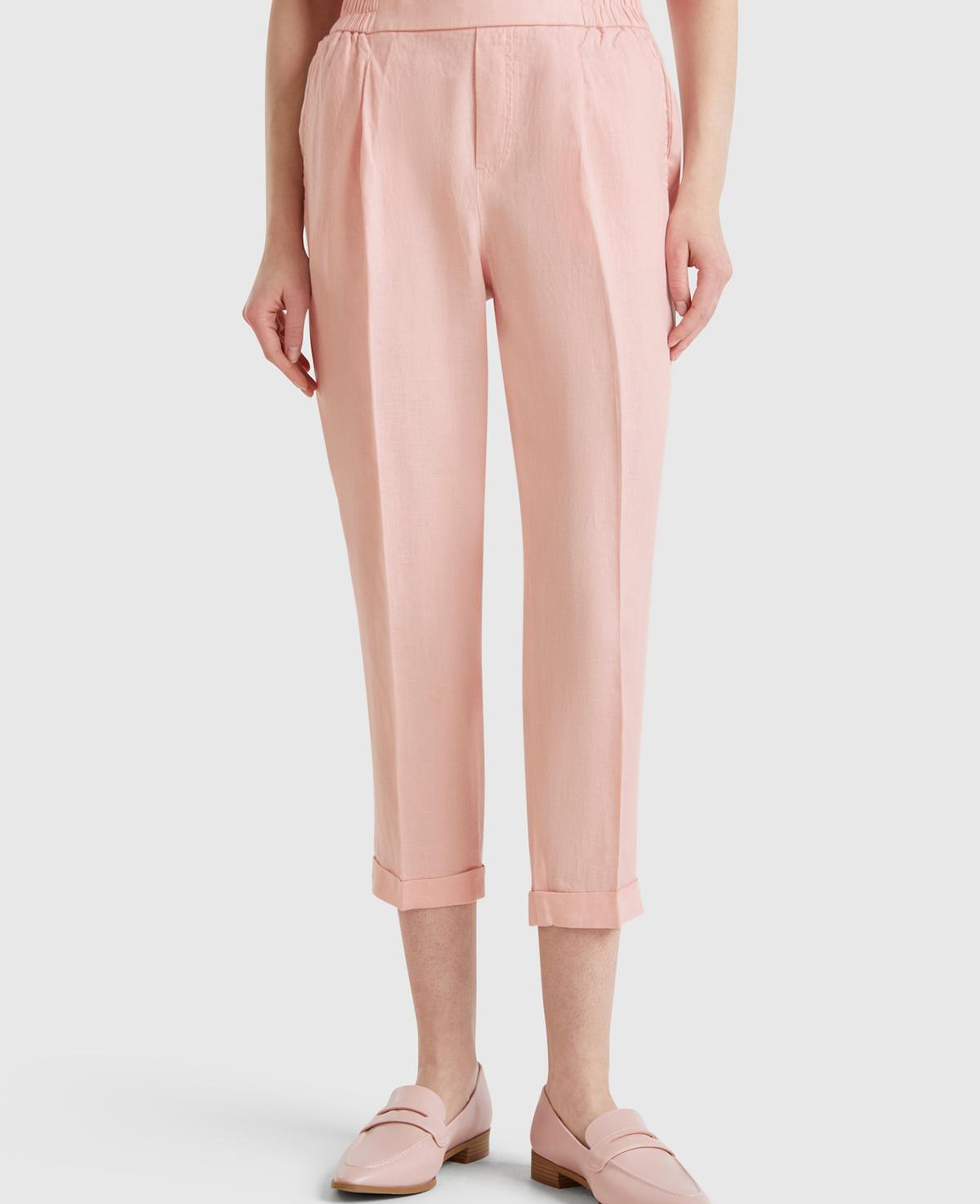 Kadın Pembe %100 Keten Beli Lastikli Pantolon