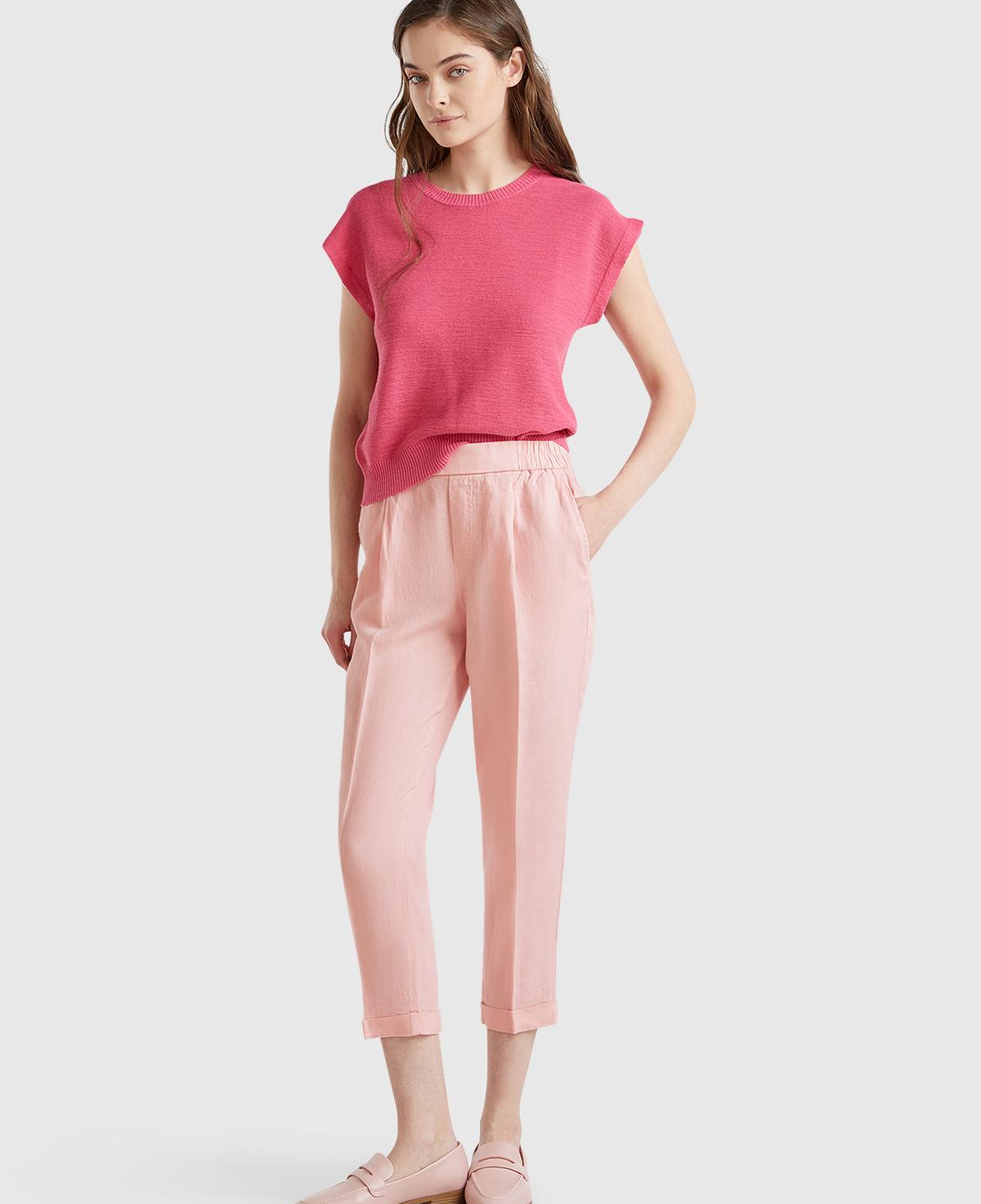 Kadın Pembe %100 Keten Beli Lastikli Pantolon