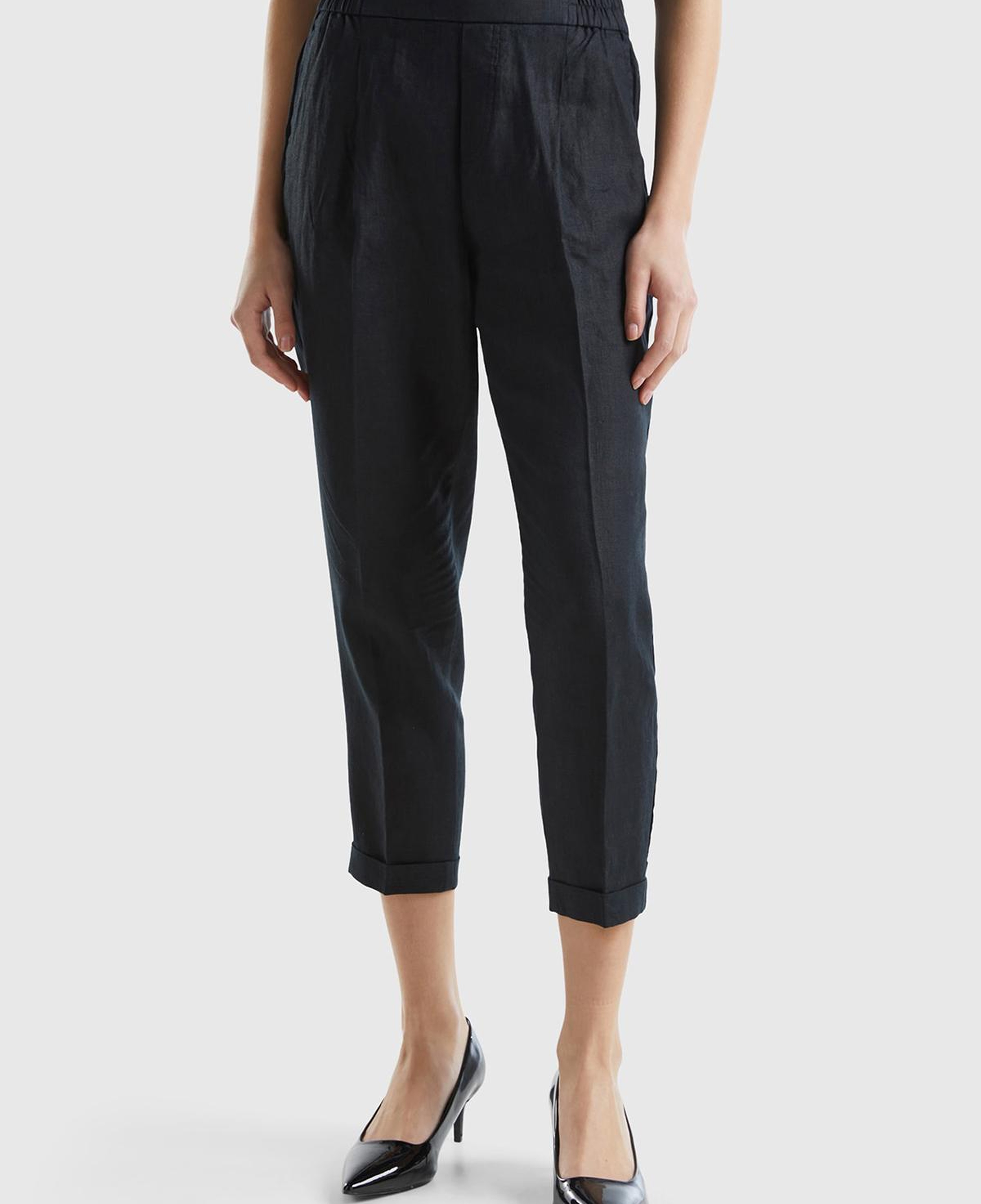 Kadın Siyah %100 Keten Beli Lastikli Pantolon