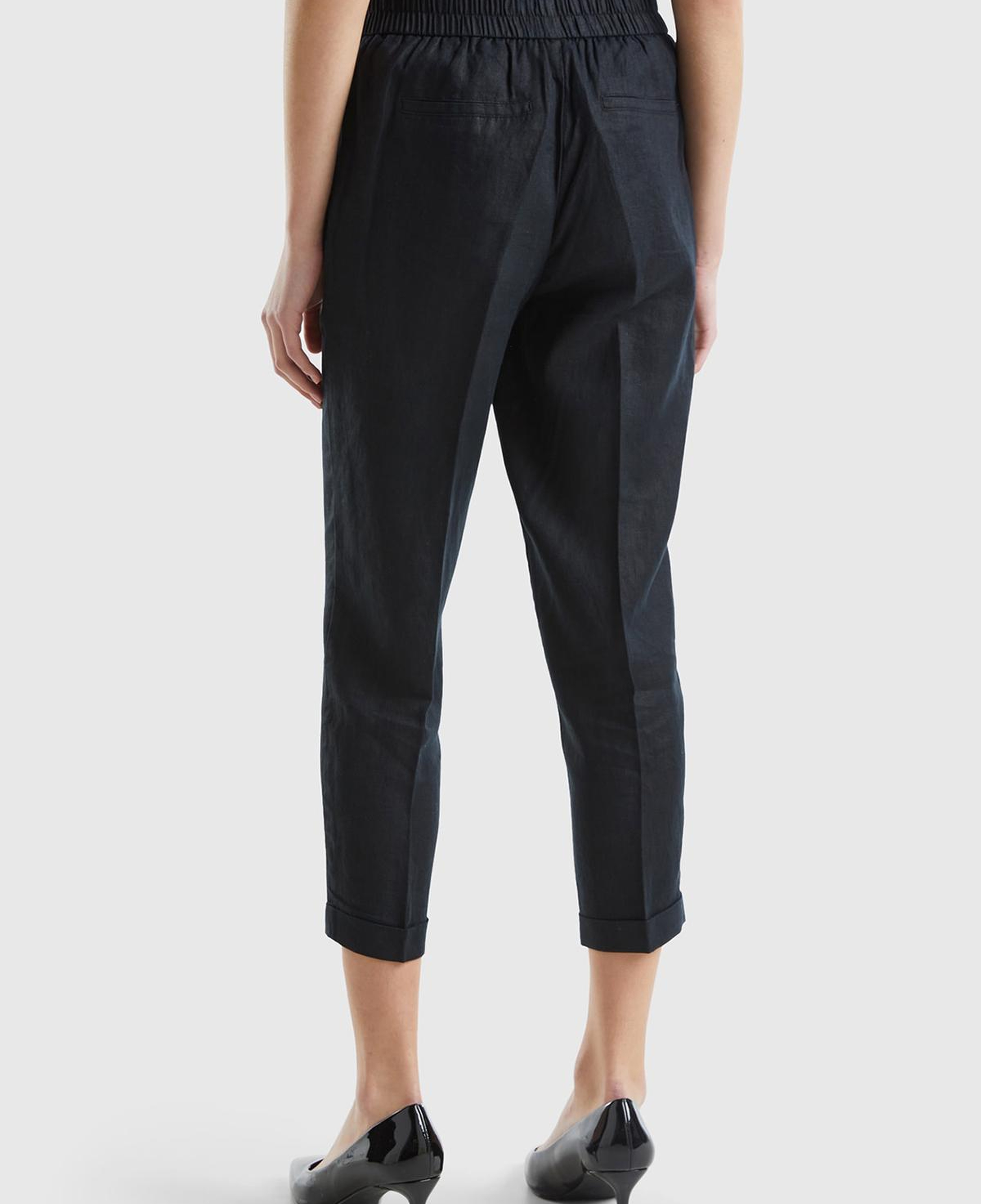 Kadın Siyah %100 Keten Beli Lastikli Pantolon