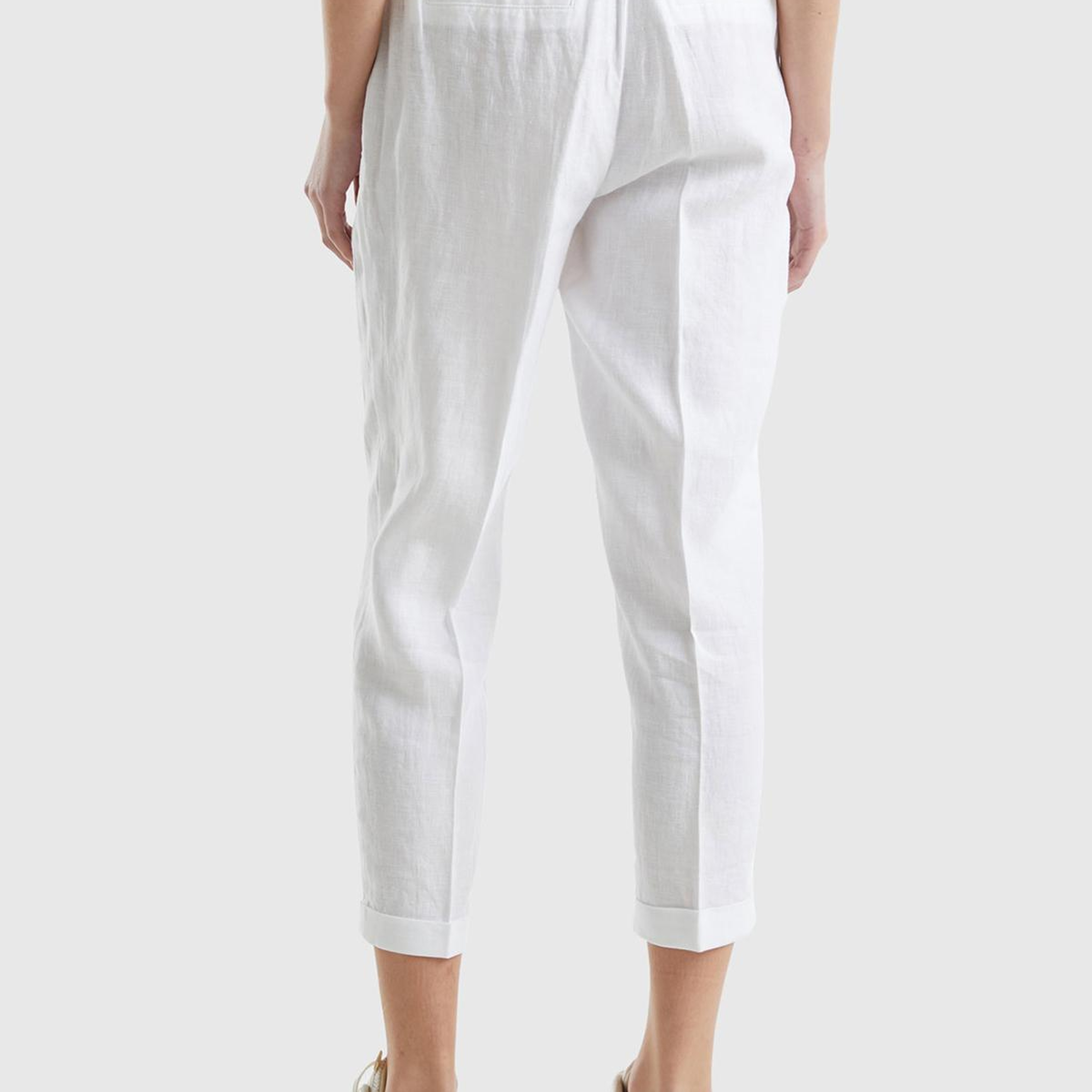 Kadın Beyaz %100 Keten Beli Lastikli Pantolon