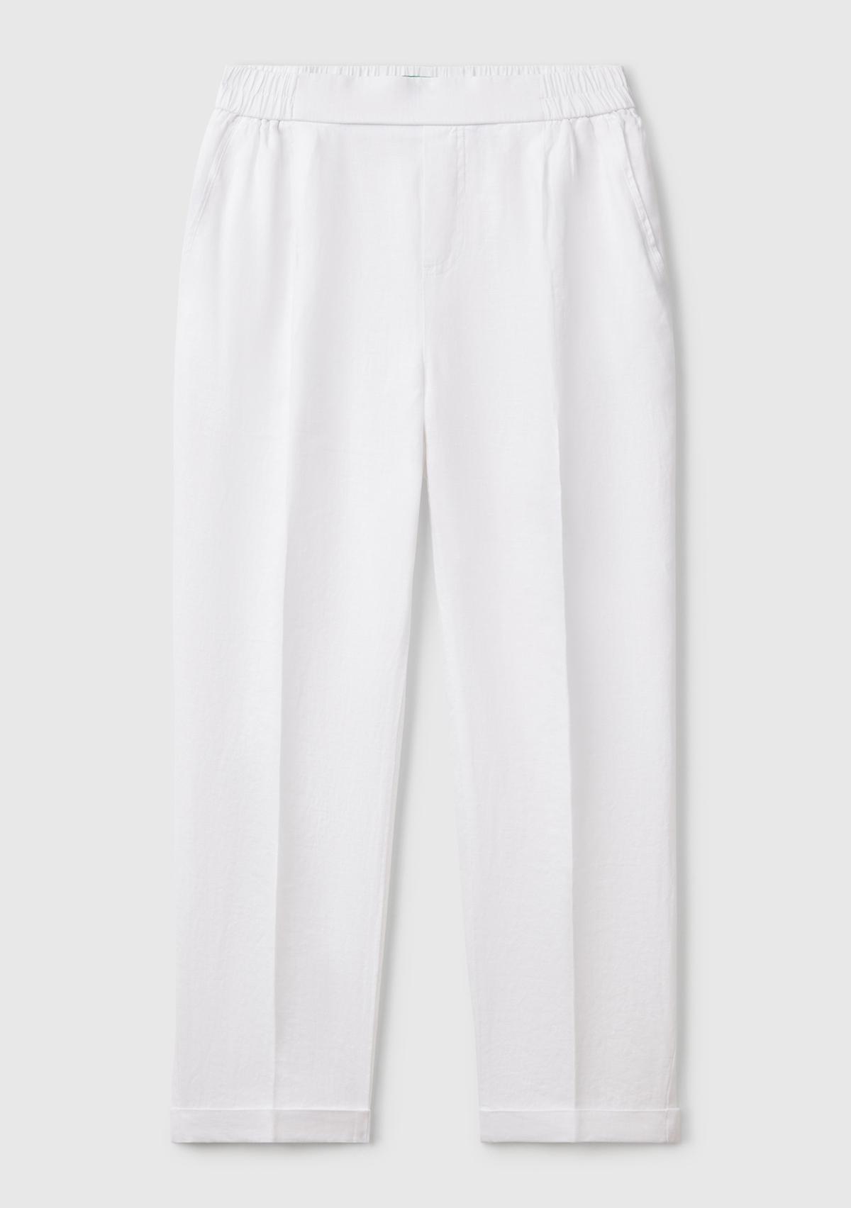 Kadın Beyaz %100 Keten Beli Lastikli Pantolon