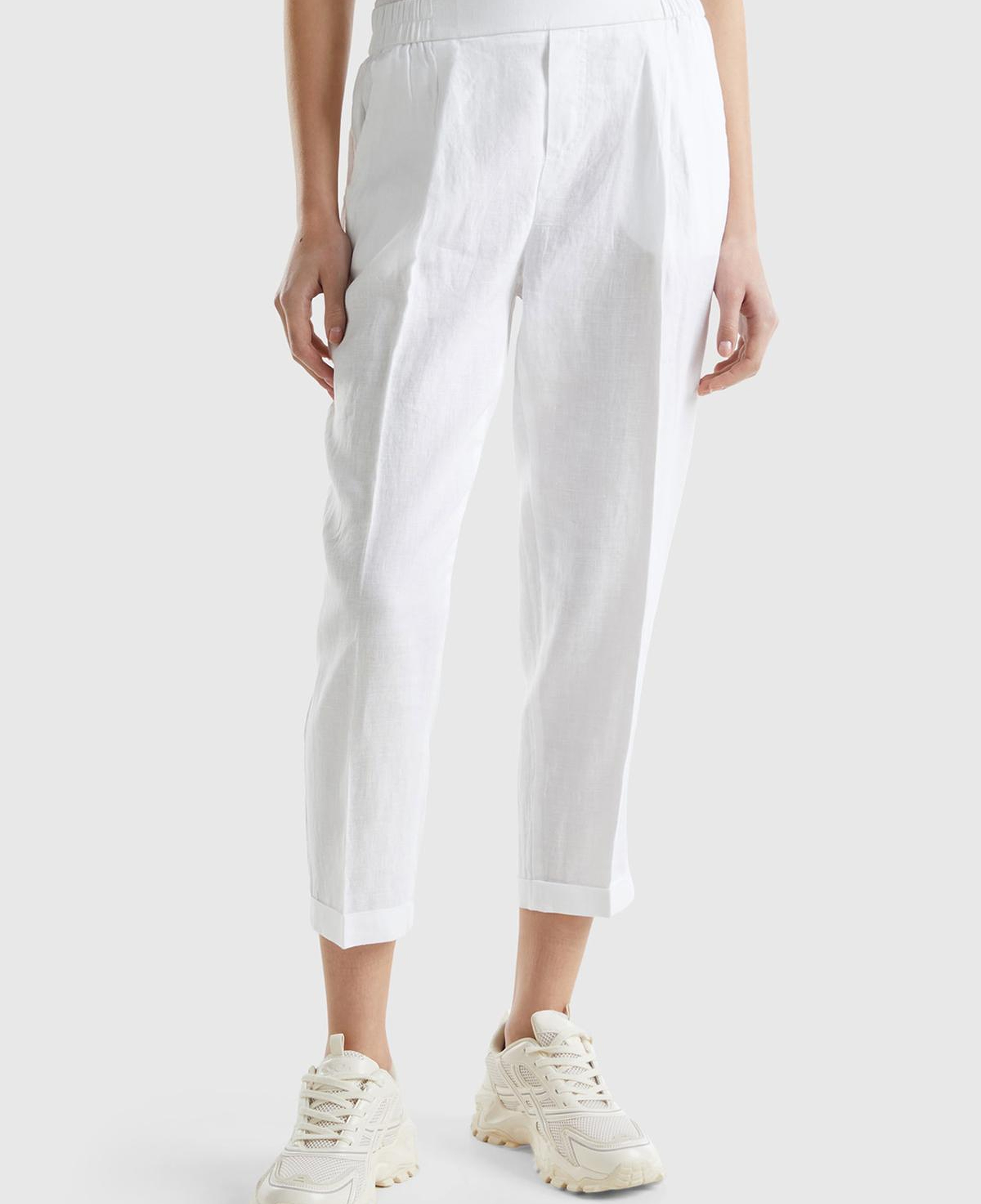 Kadın Beyaz %100 Keten Beli Lastikli Pantolon