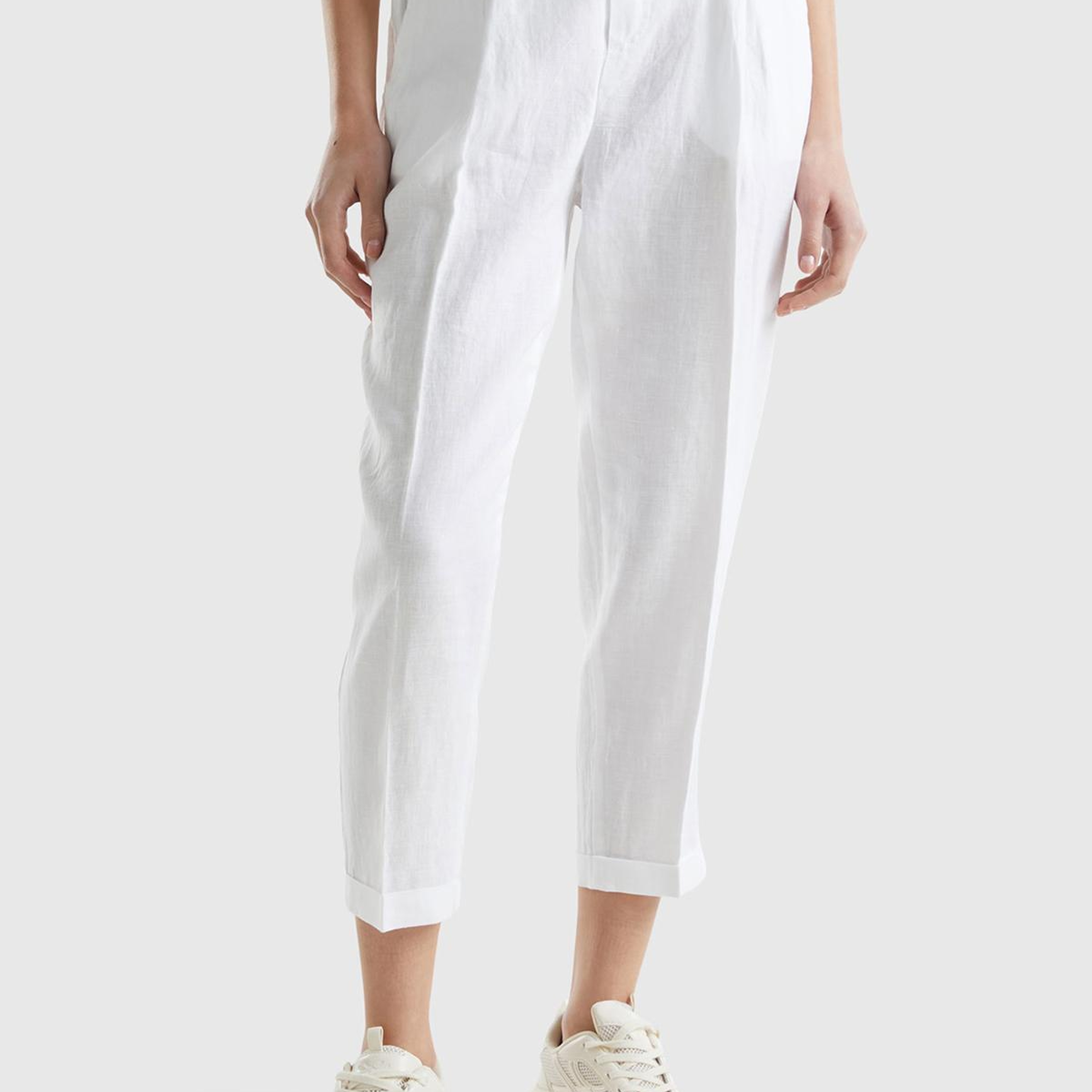 Kadın Beyaz %100 Keten Beli Lastikli Pantolon