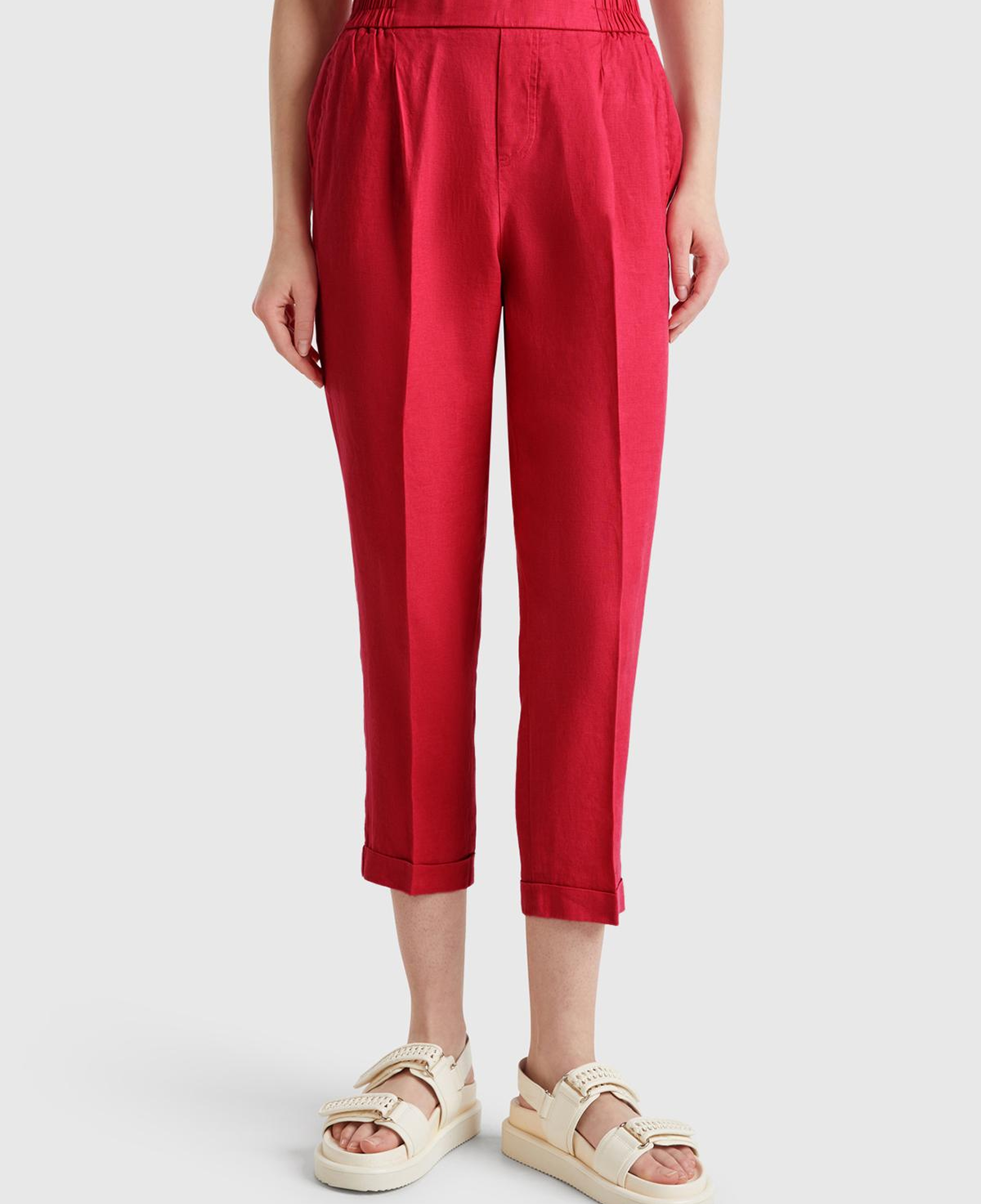 Kadın Fuşya %100 Keten Beli Lastikli Pantolon