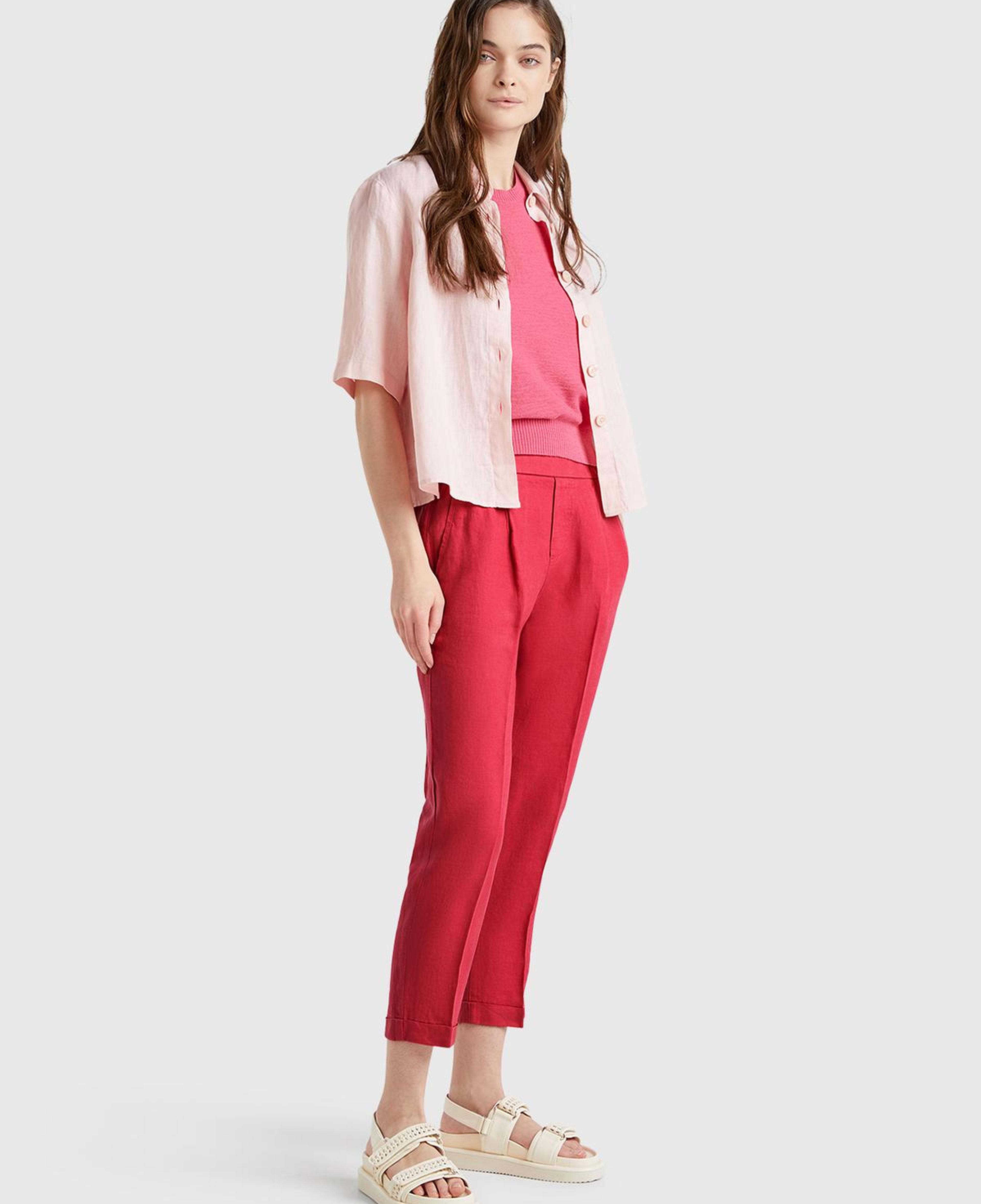 Kadın Fuşya %100 Keten Beli Lastikli Pantolon