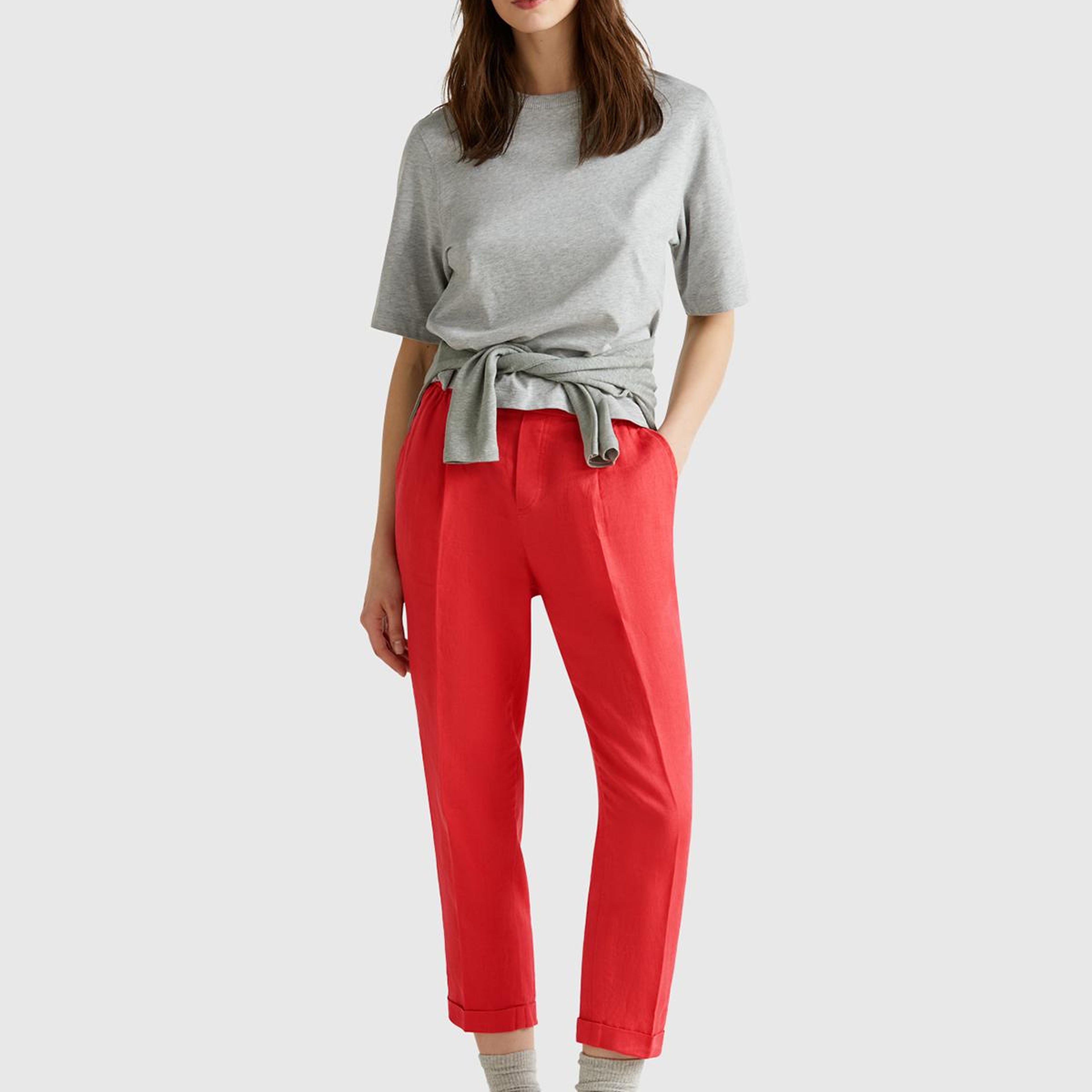 Kadın Mercan %100 Keten Beli Lastikli Pantolon