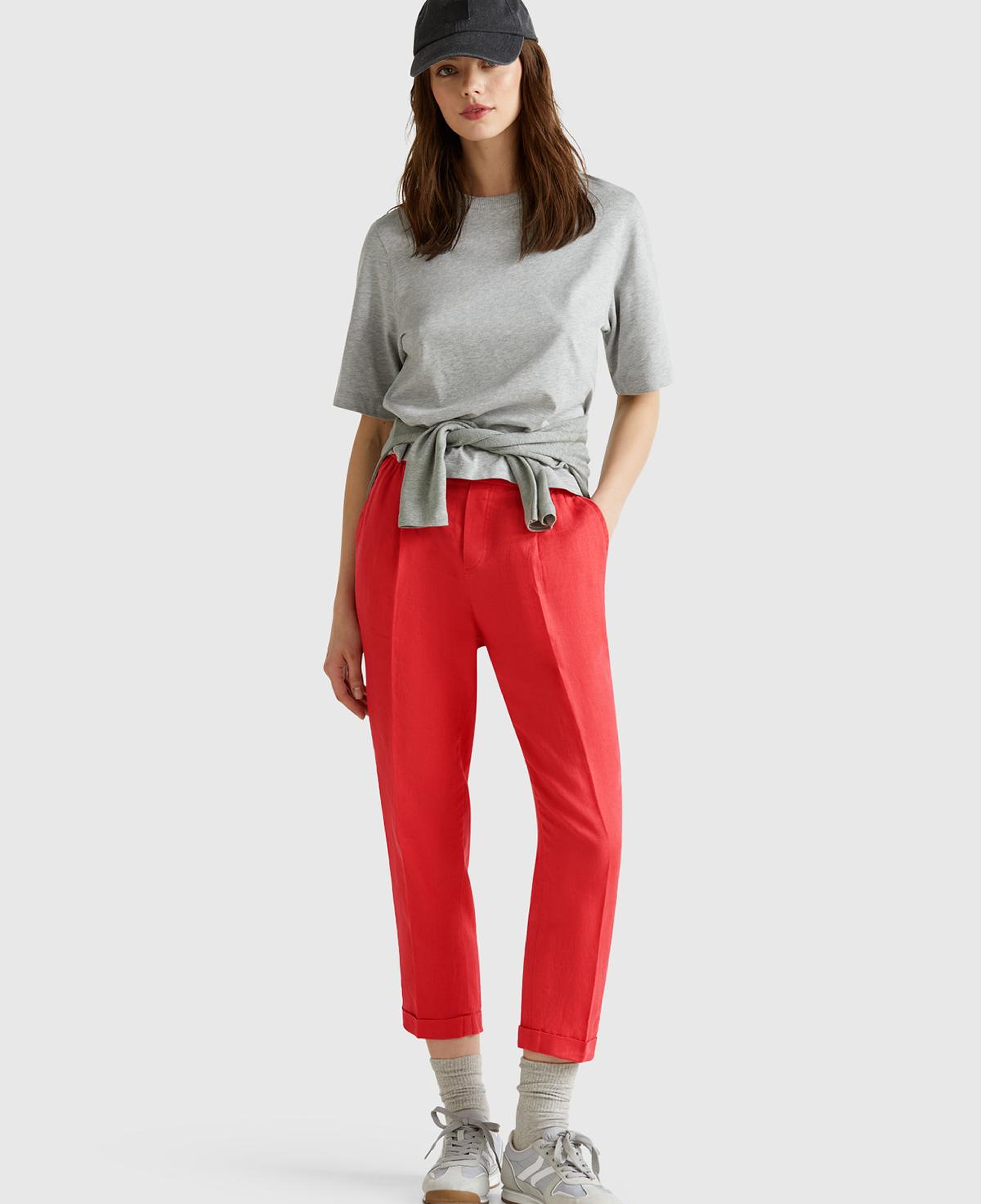 Kadın Mercan %100 Keten Beli Lastikli Pantolon