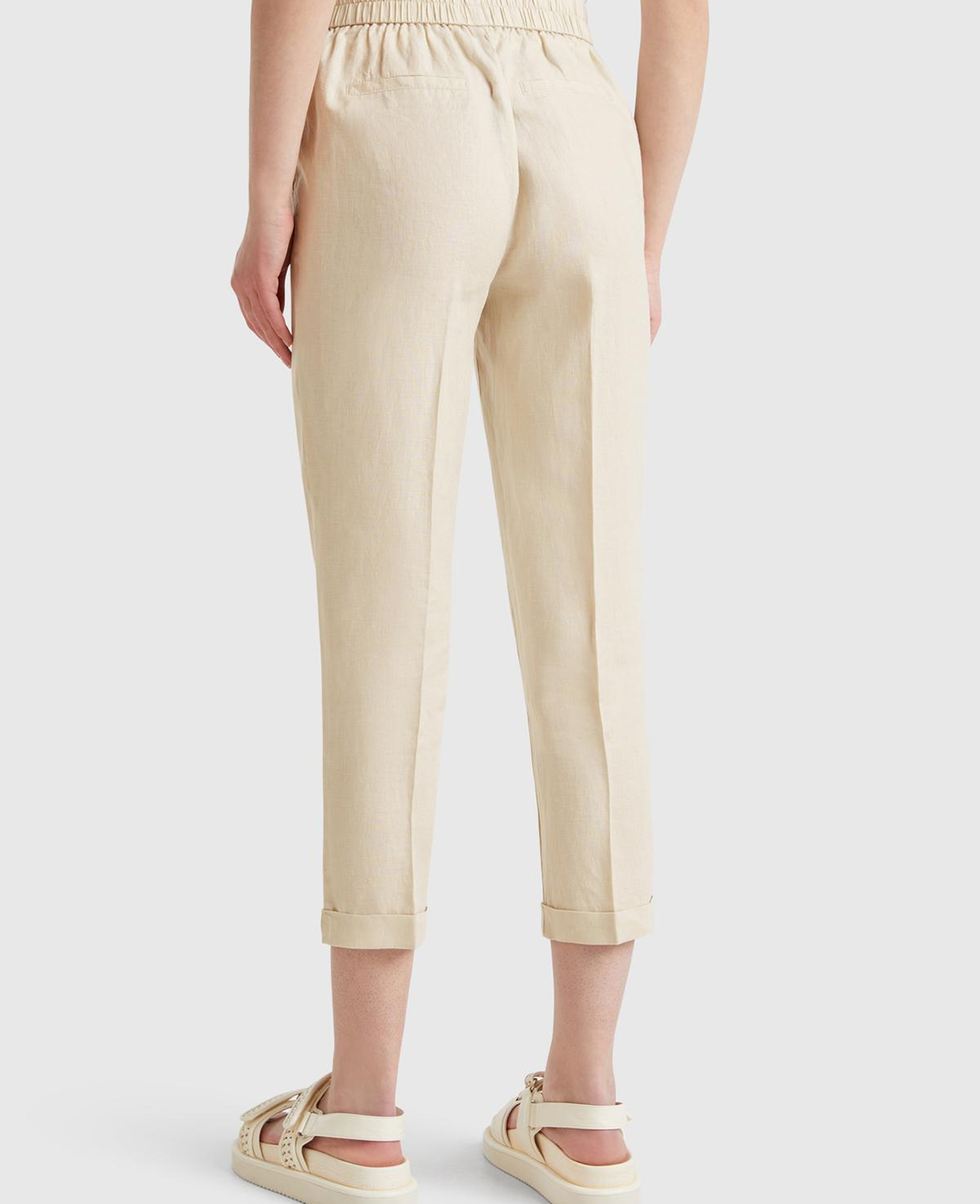 Kadın Taş Rengi %100 Keten Beli Lastikli Pantolon