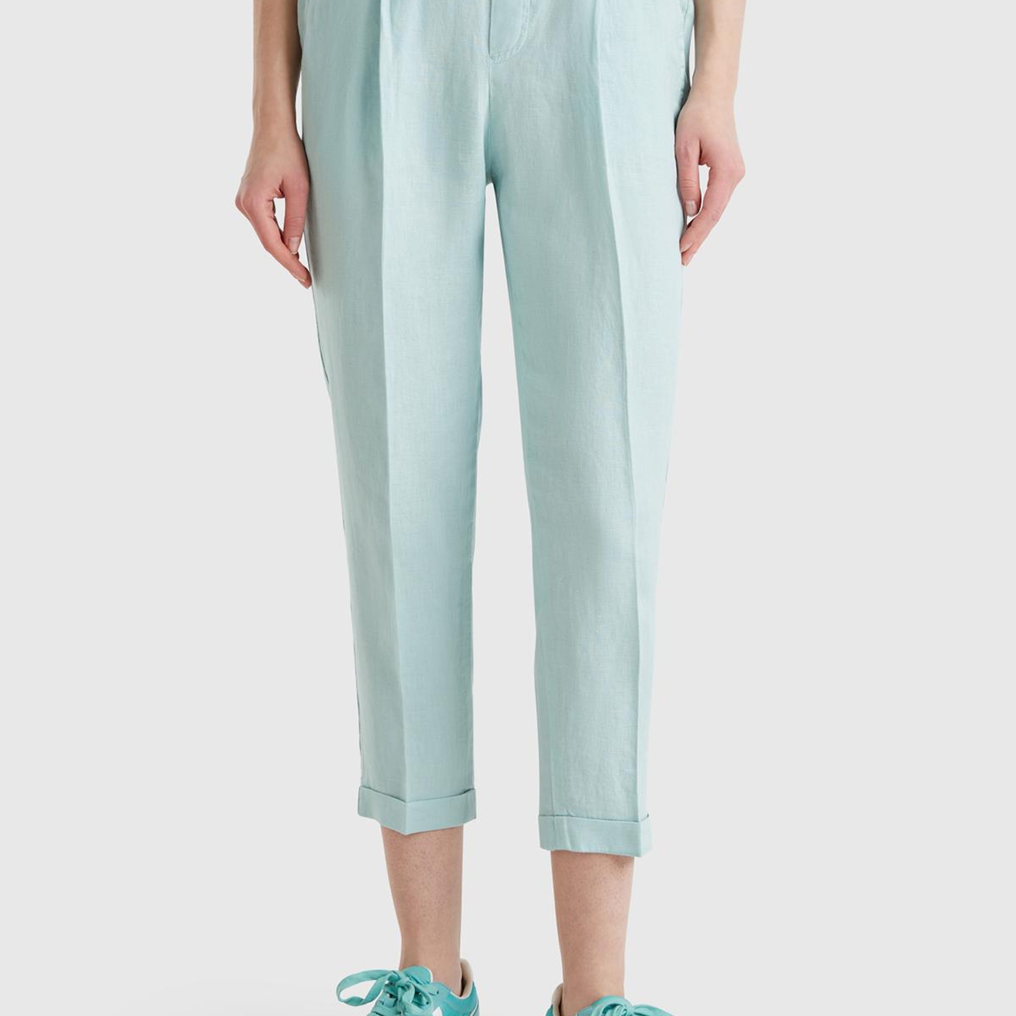 Kadın Su Yeşili %100 Keten Beli Lastikli Pantolon