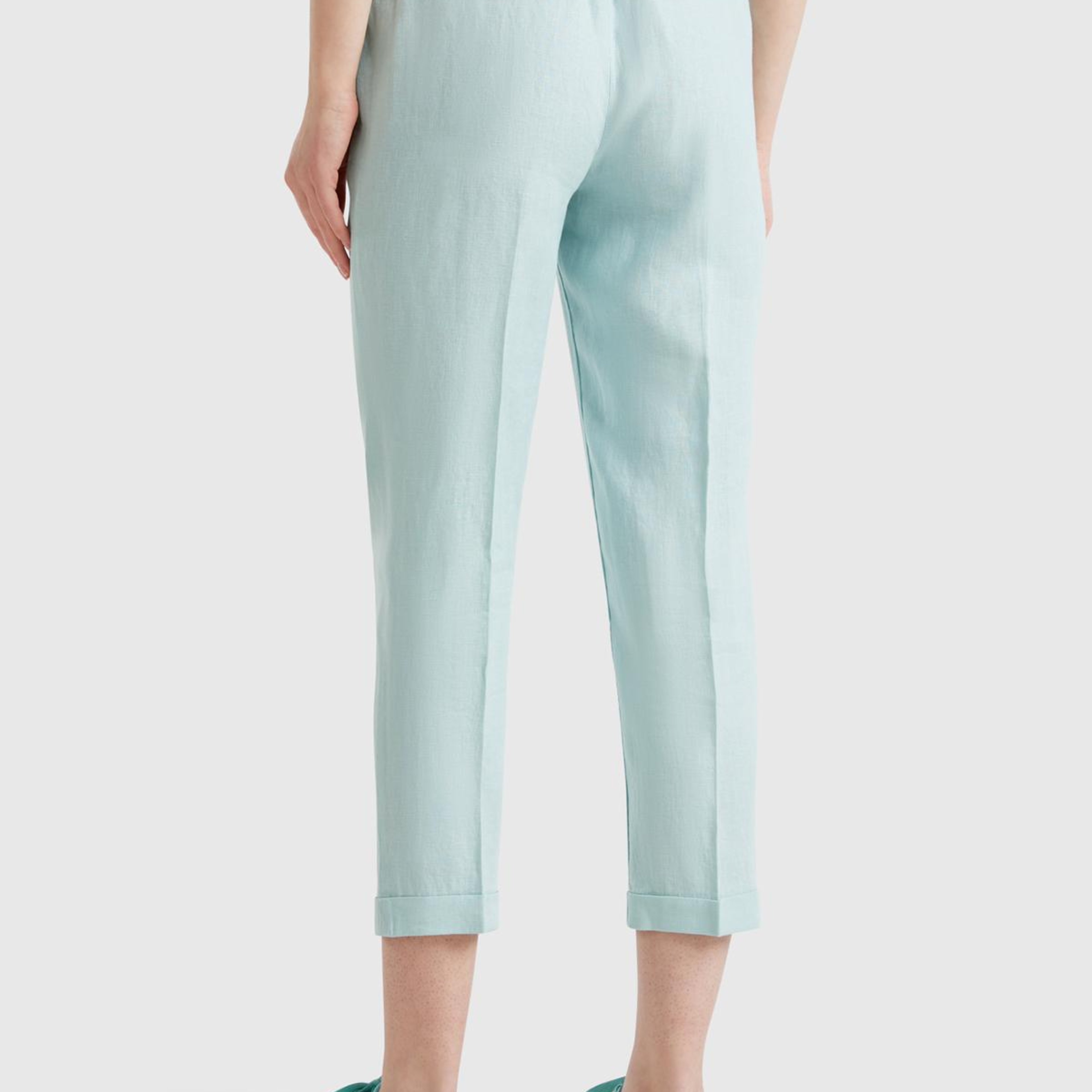 Kadın Su Yeşili %100 Keten Beli Lastikli Pantolon