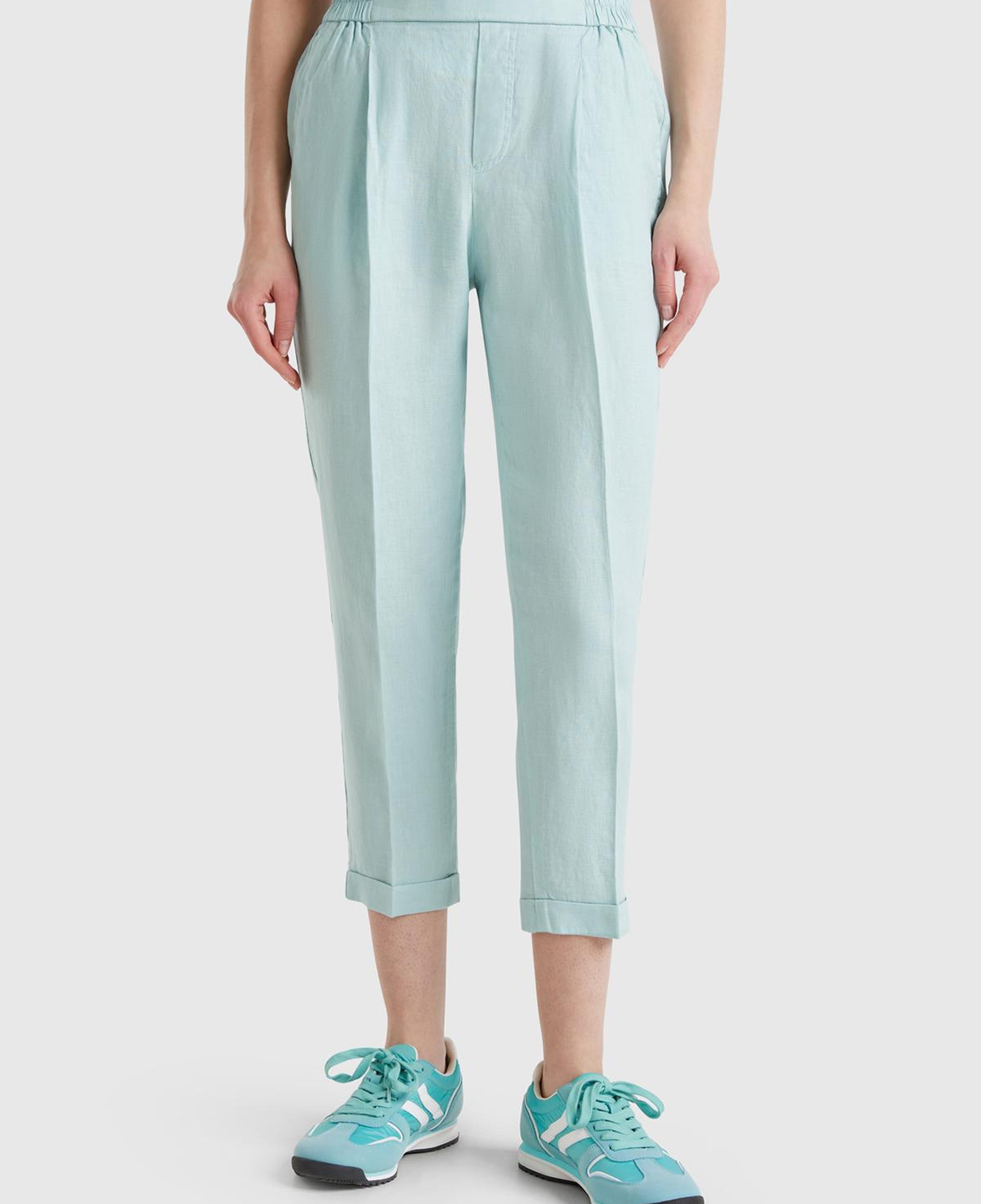 Kadın Su Yeşili %100 Keten Beli Lastikli Pantolon