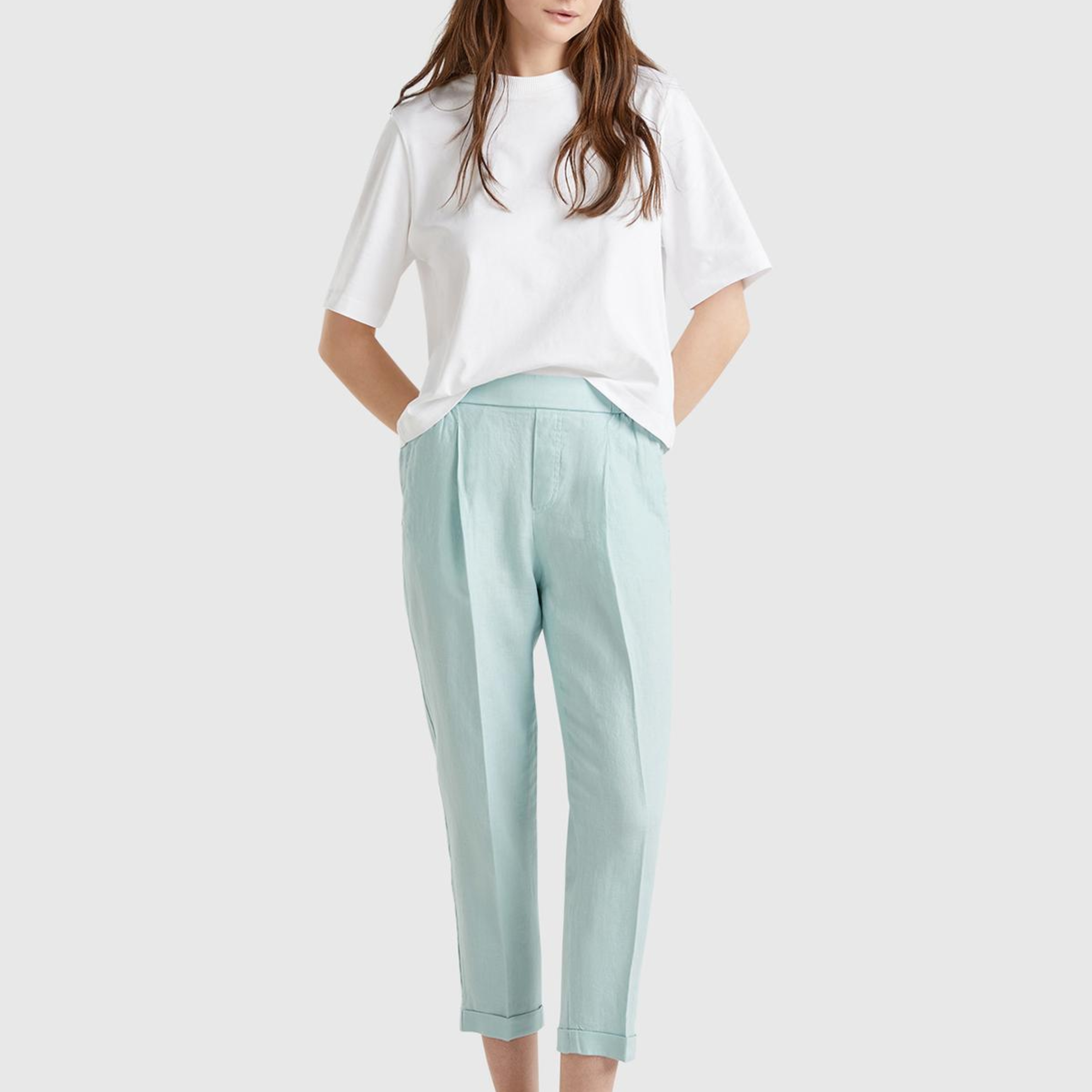 Kadın Su Yeşili %100 Keten Beli Lastikli Pantolon
