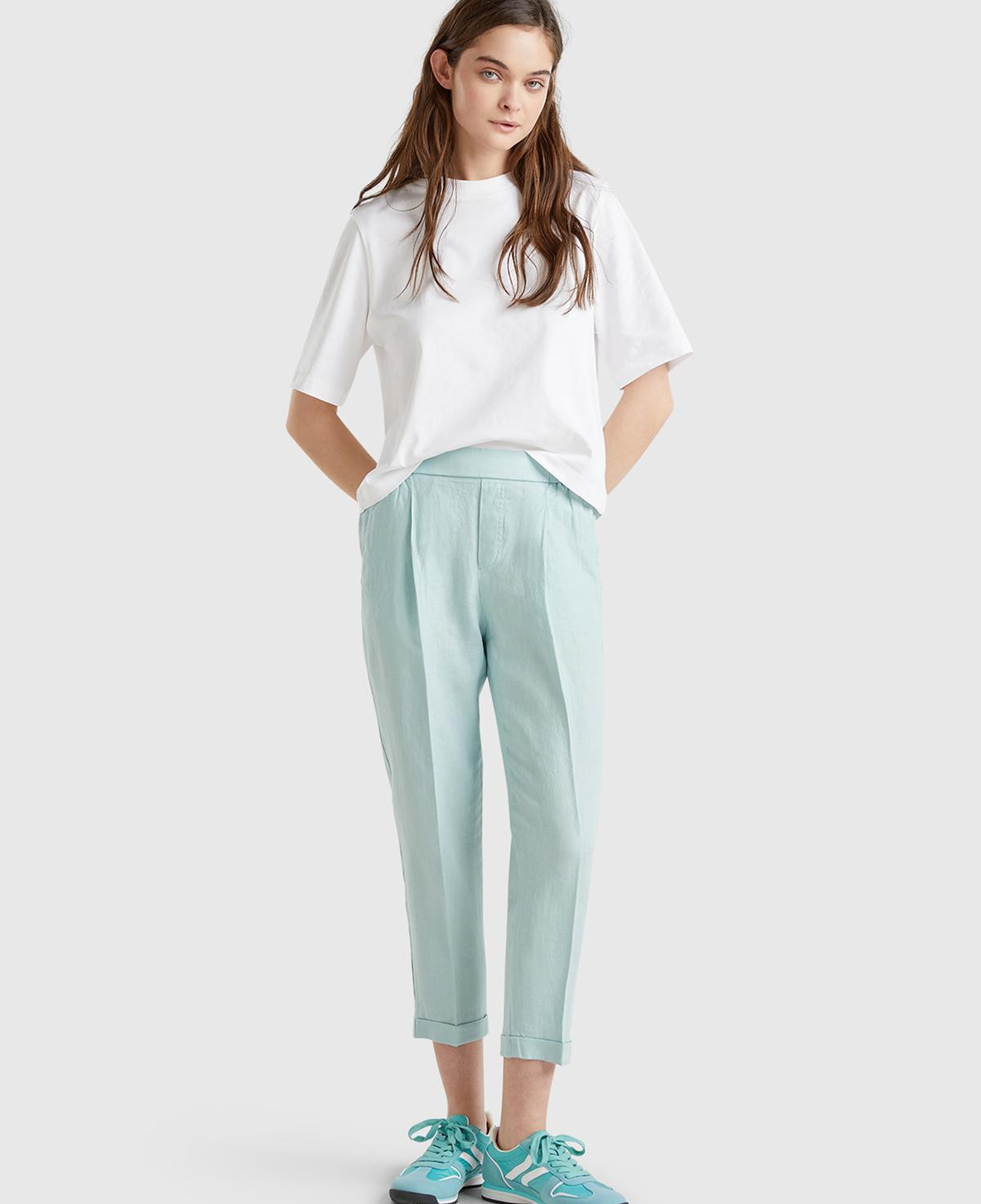Kadın Su Yeşili %100 Keten Beli Lastikli Pantolon