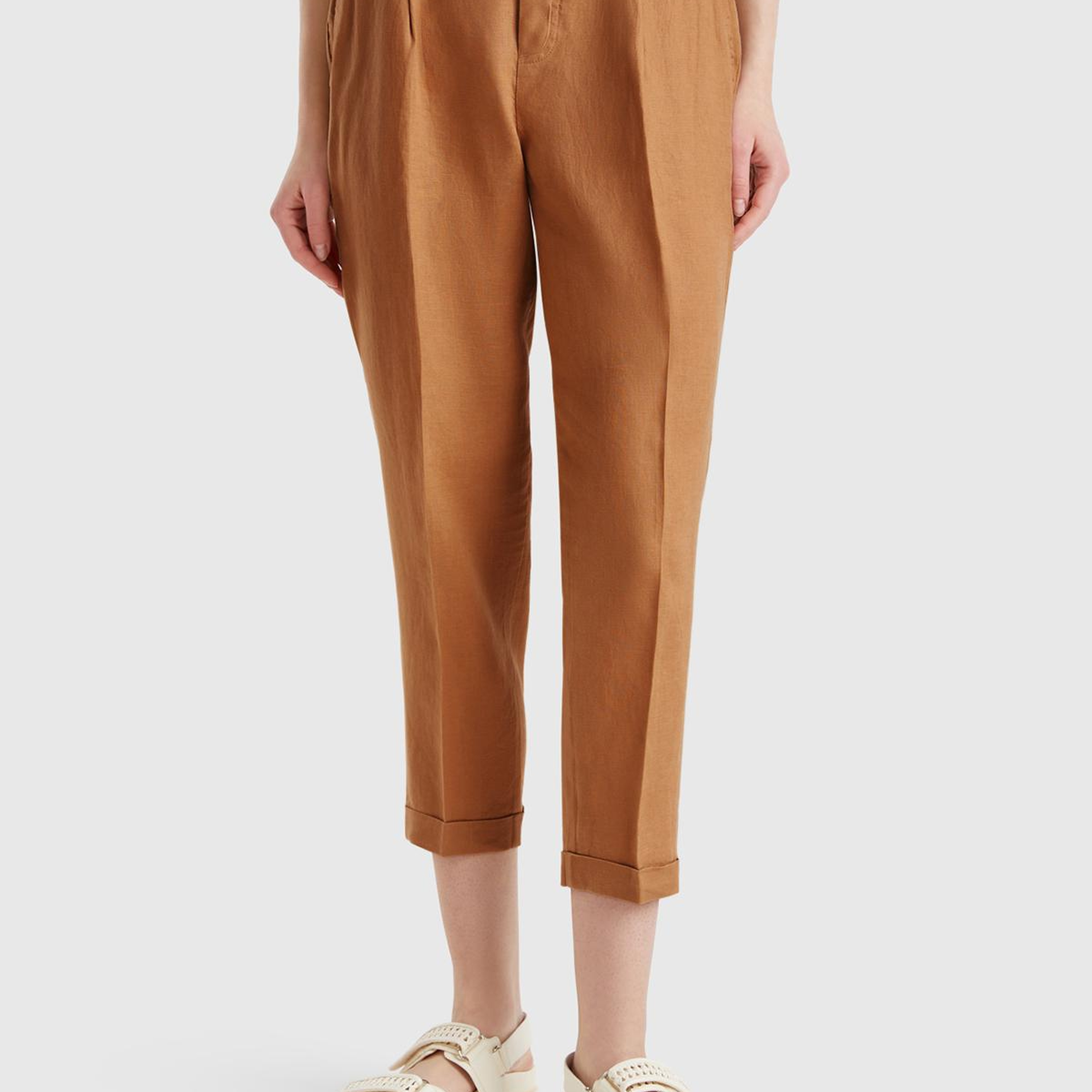 Kadın Bej %100 Keten Beli Lastikli Pantolon