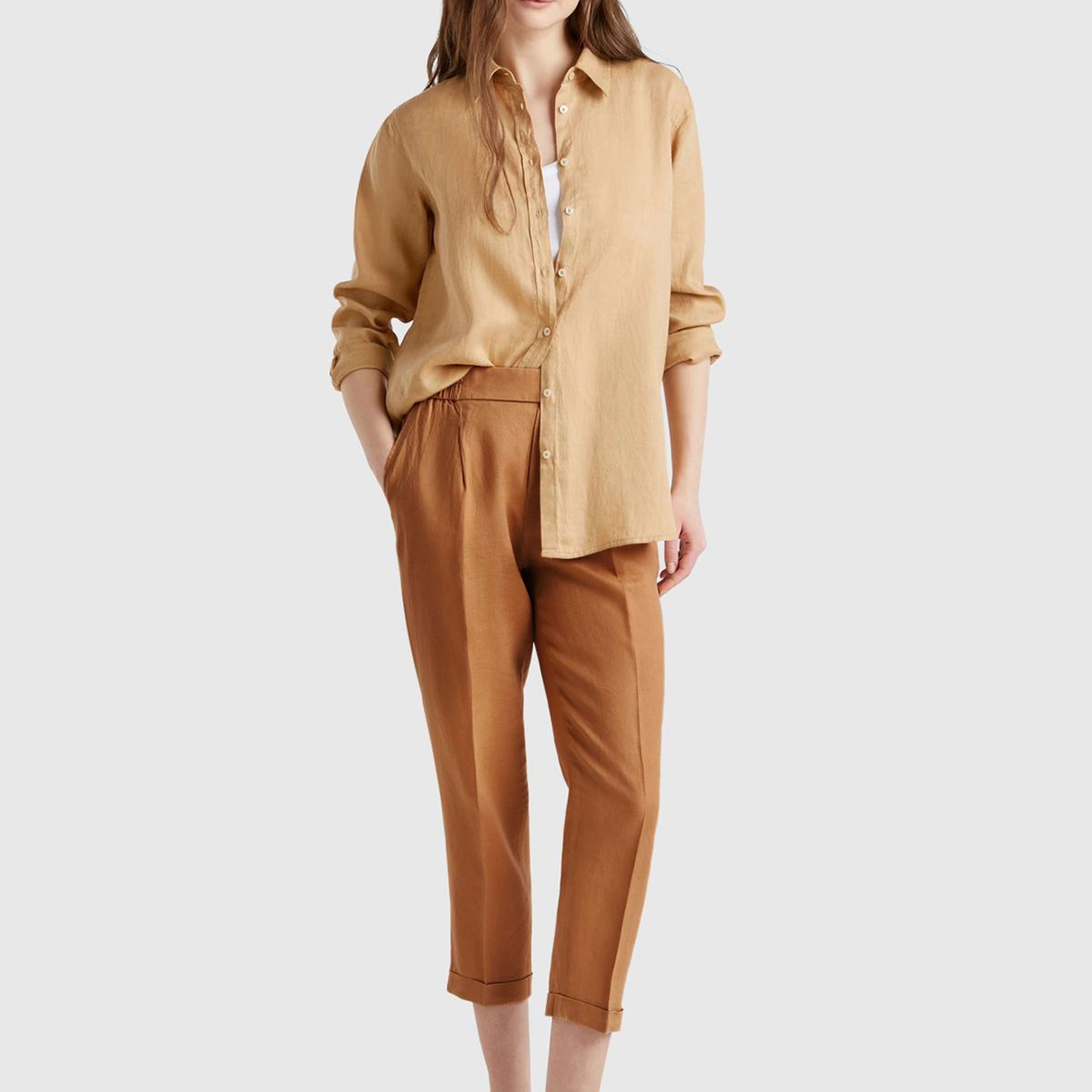 Kadın Bej %100 Keten Beli Lastikli Pantolon