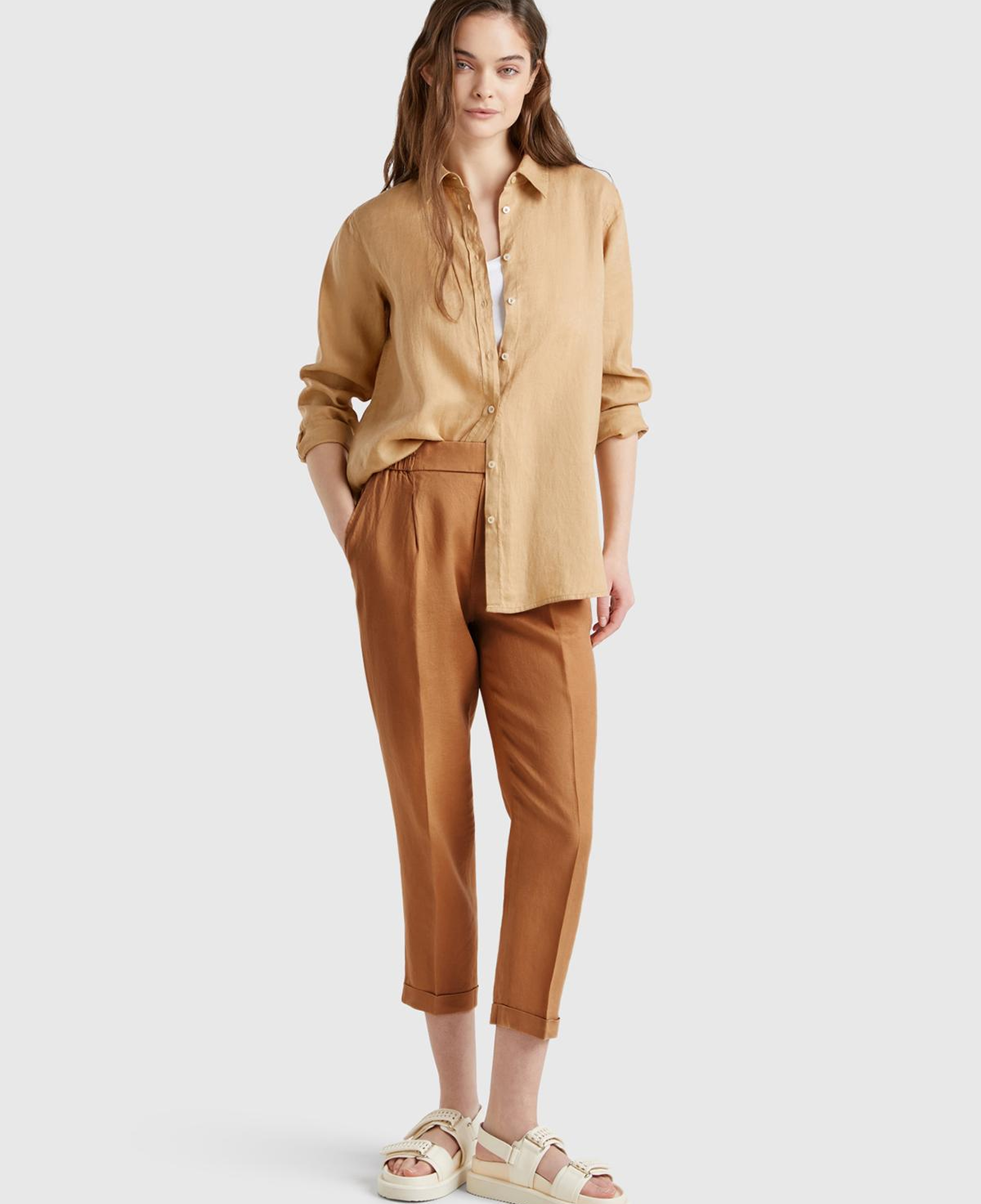 Kadın Bej %100 Keten Beli Lastikli Pantolon