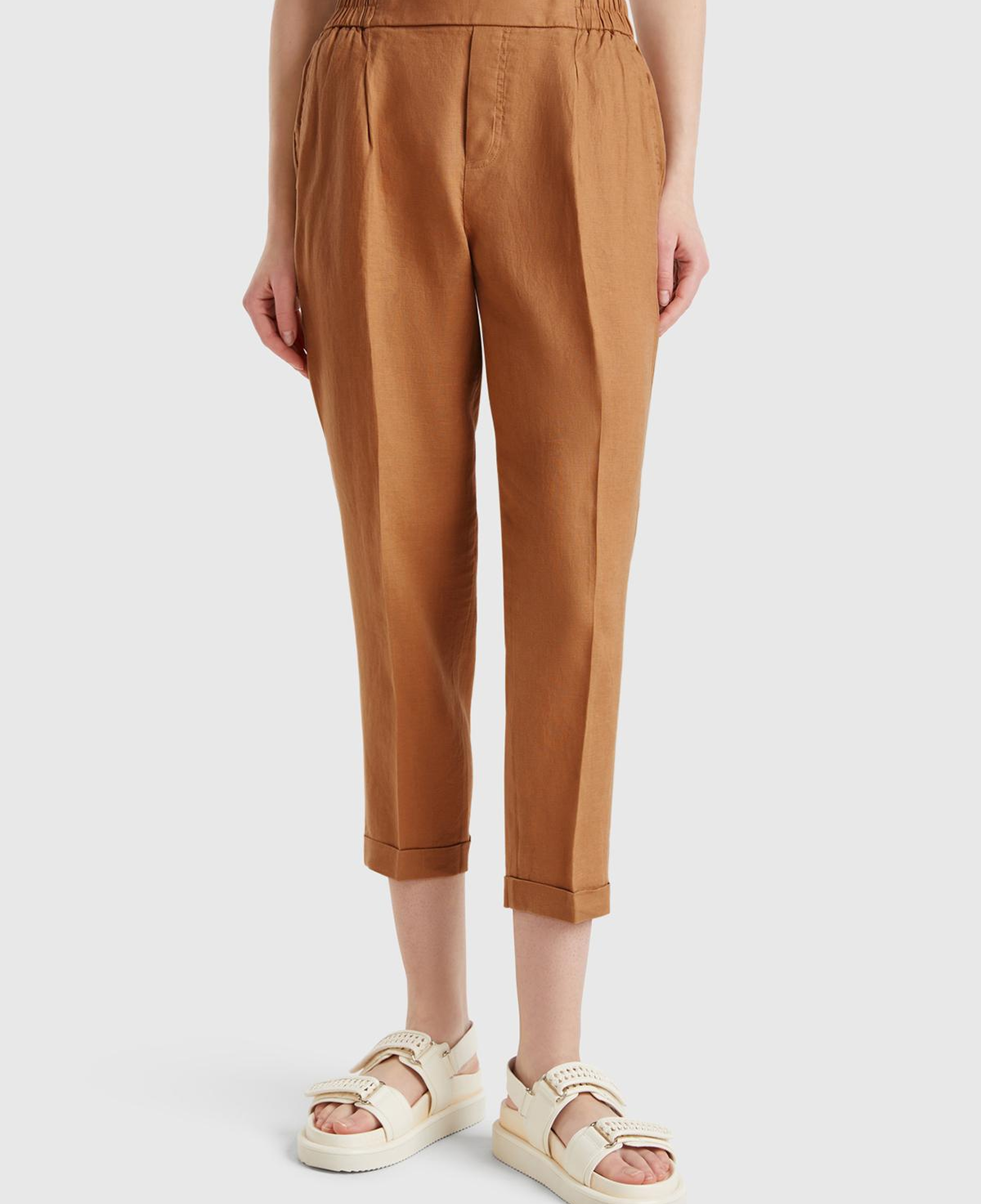 Kadın Bej %100 Keten Beli Lastikli Pantolon