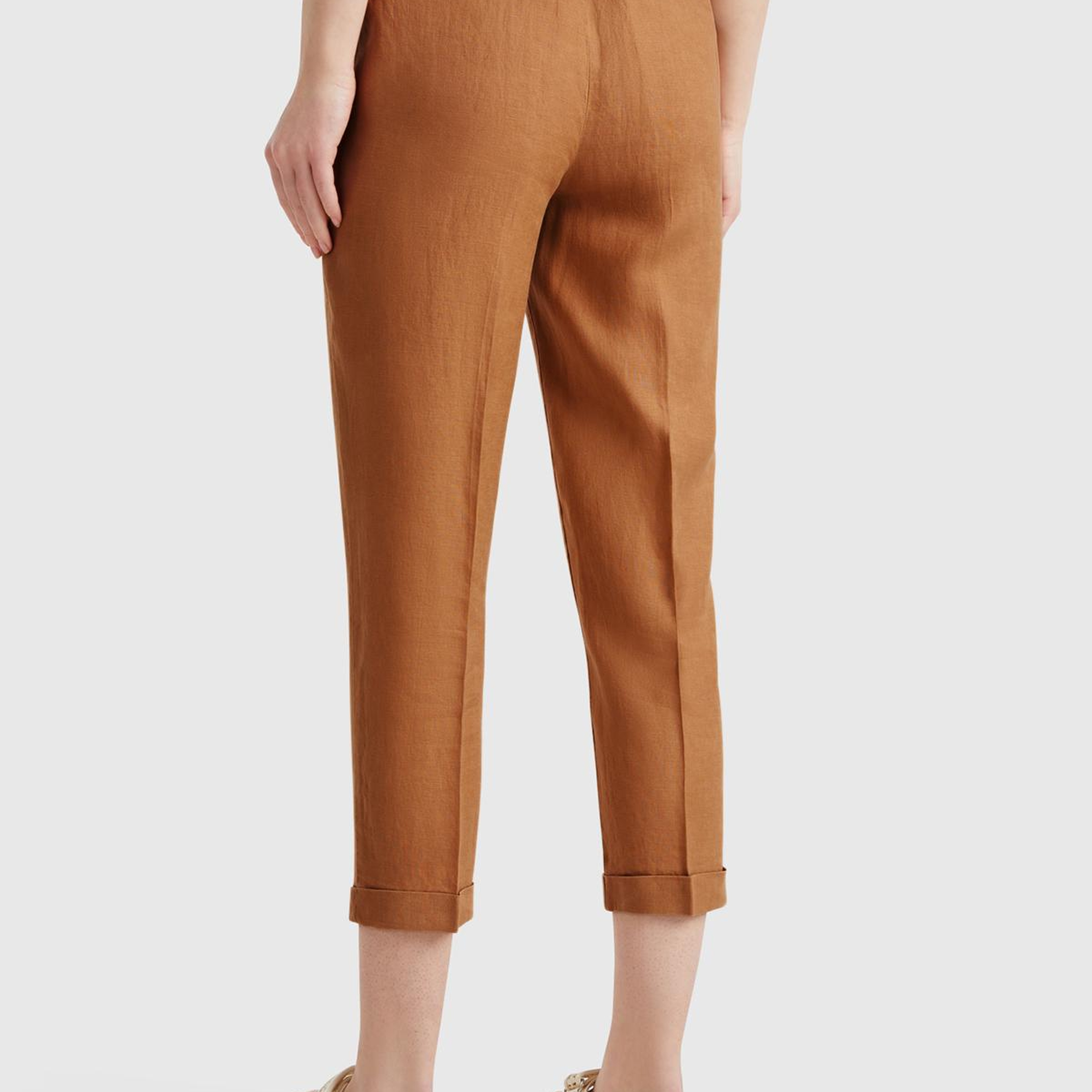 Kadın Bej %100 Keten Beli Lastikli Pantolon