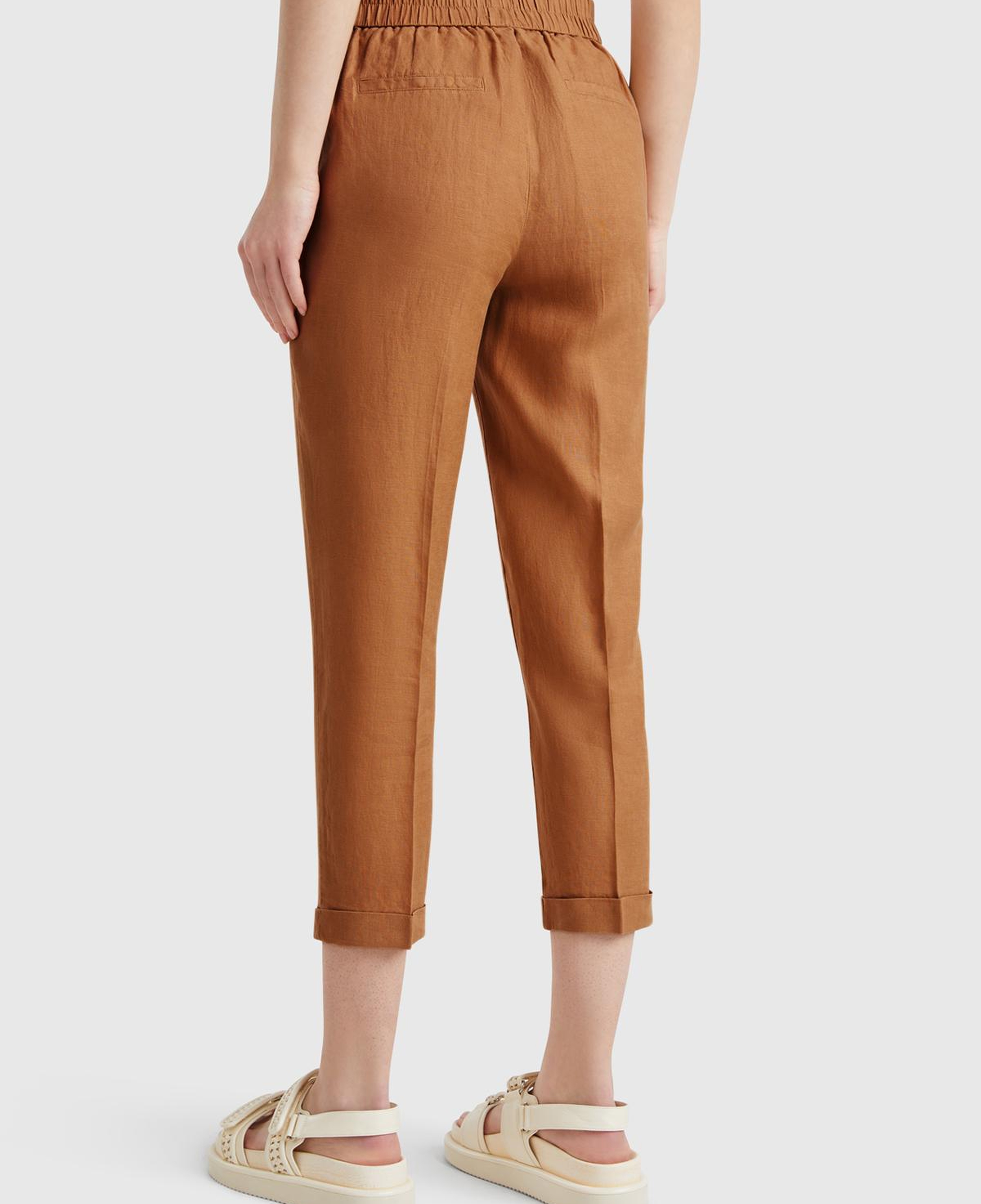 Kadın Bej %100 Keten Beli Lastikli Pantolon