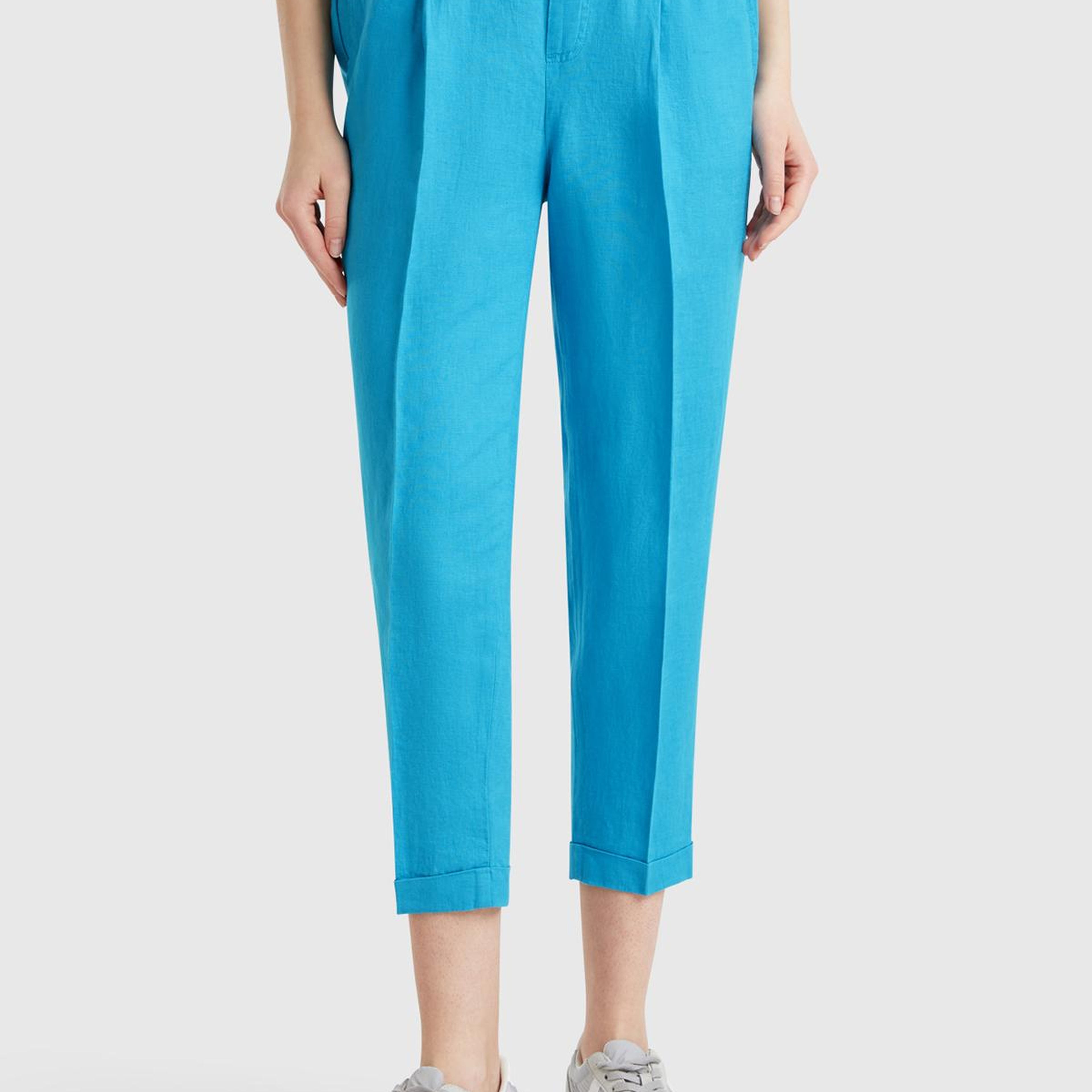 Kadın Mavi %100 Keten Beli Lastikli Pantolon