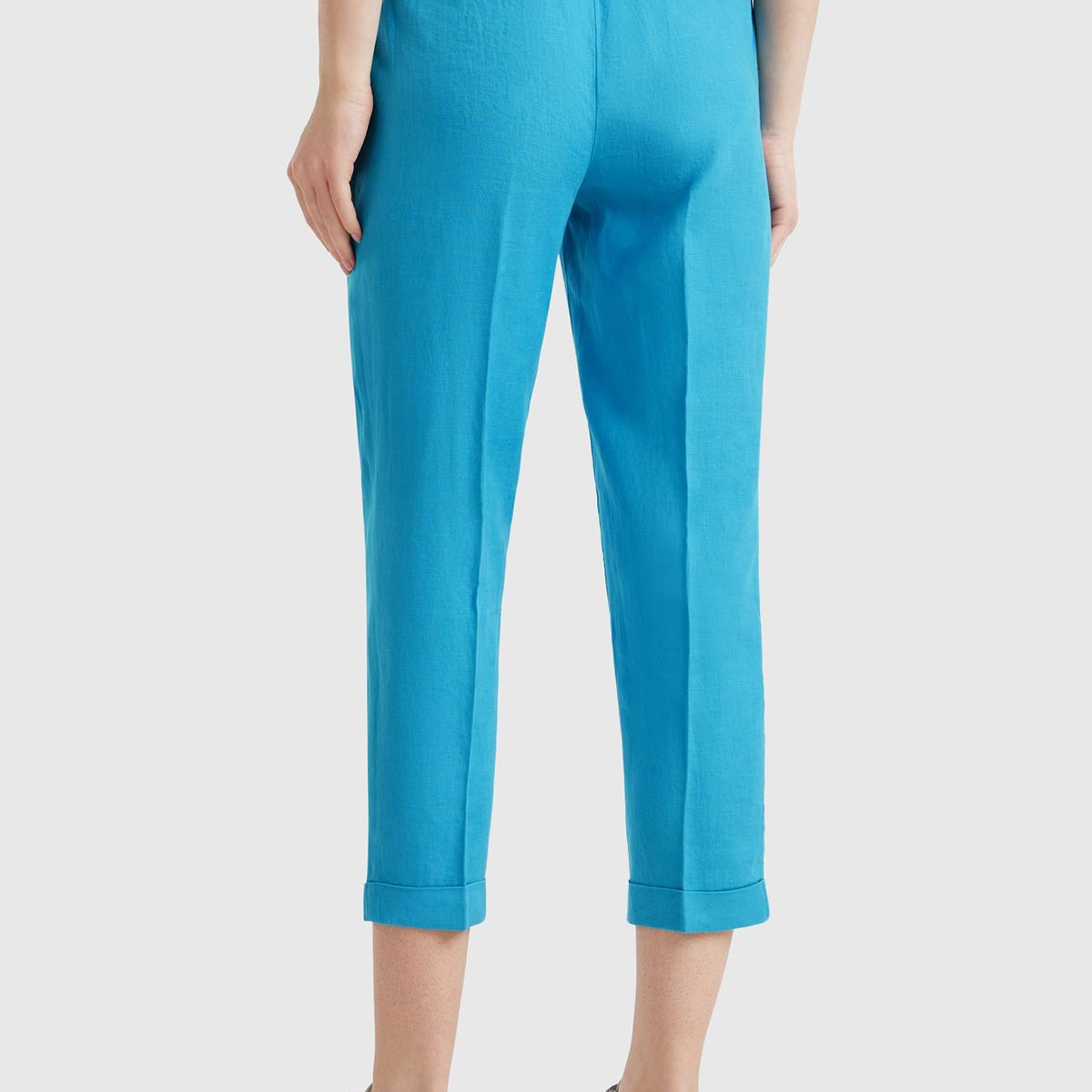 Kadın Mavi %100 Keten Beli Lastikli Pantolon