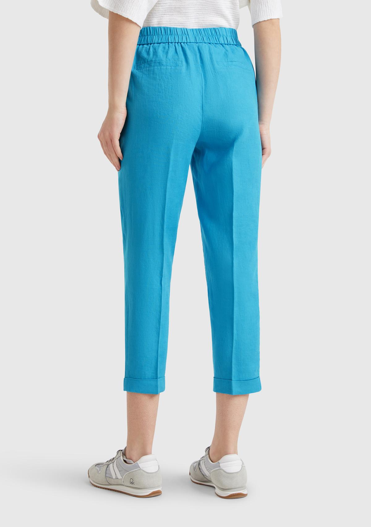 Kadın Mavi %100 Keten Beli Lastikli Pantolon