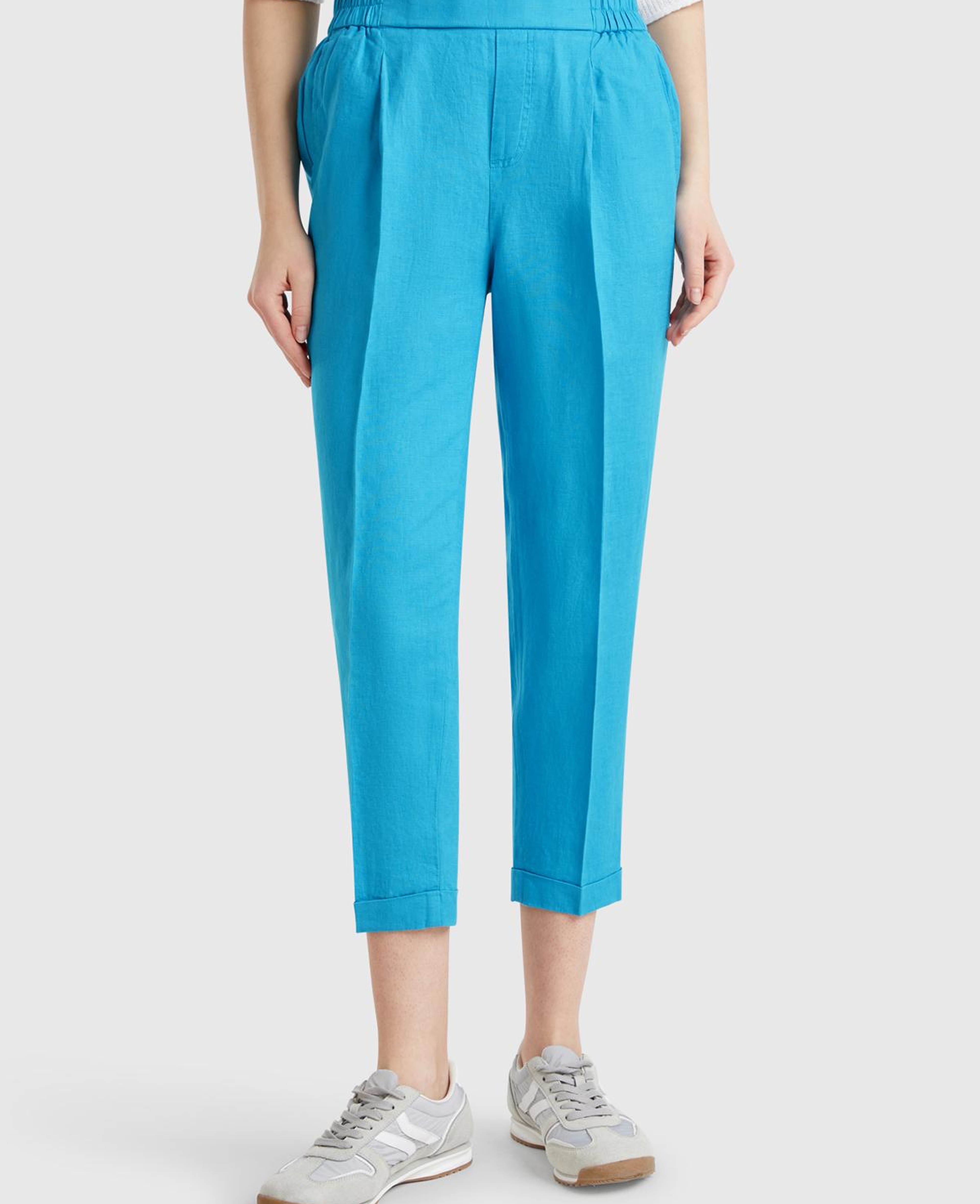 Kadın Mavi %100 Keten Beli Lastikli Pantolon