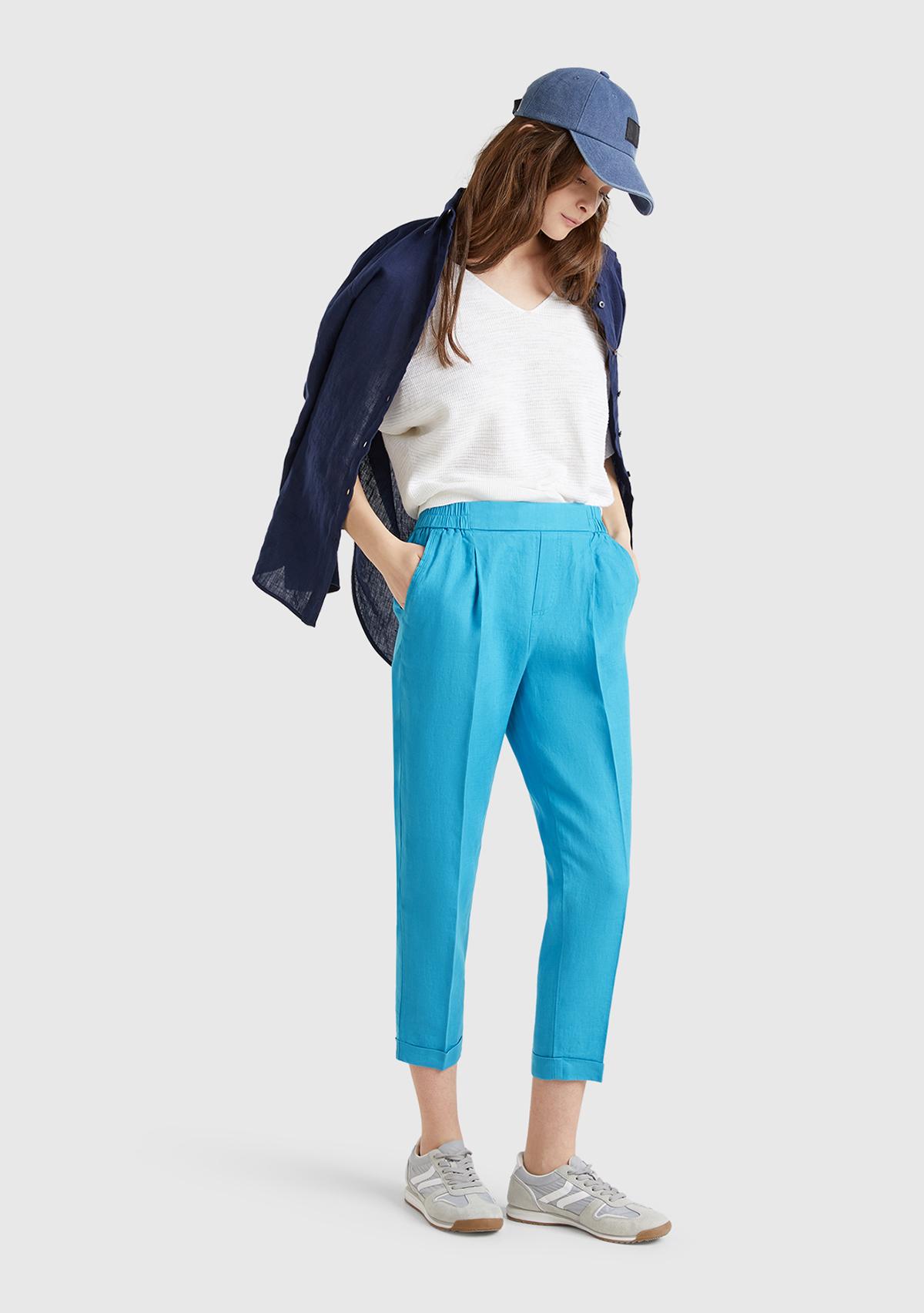 Kadın Mavi %100 Keten Beli Lastikli Pantolon