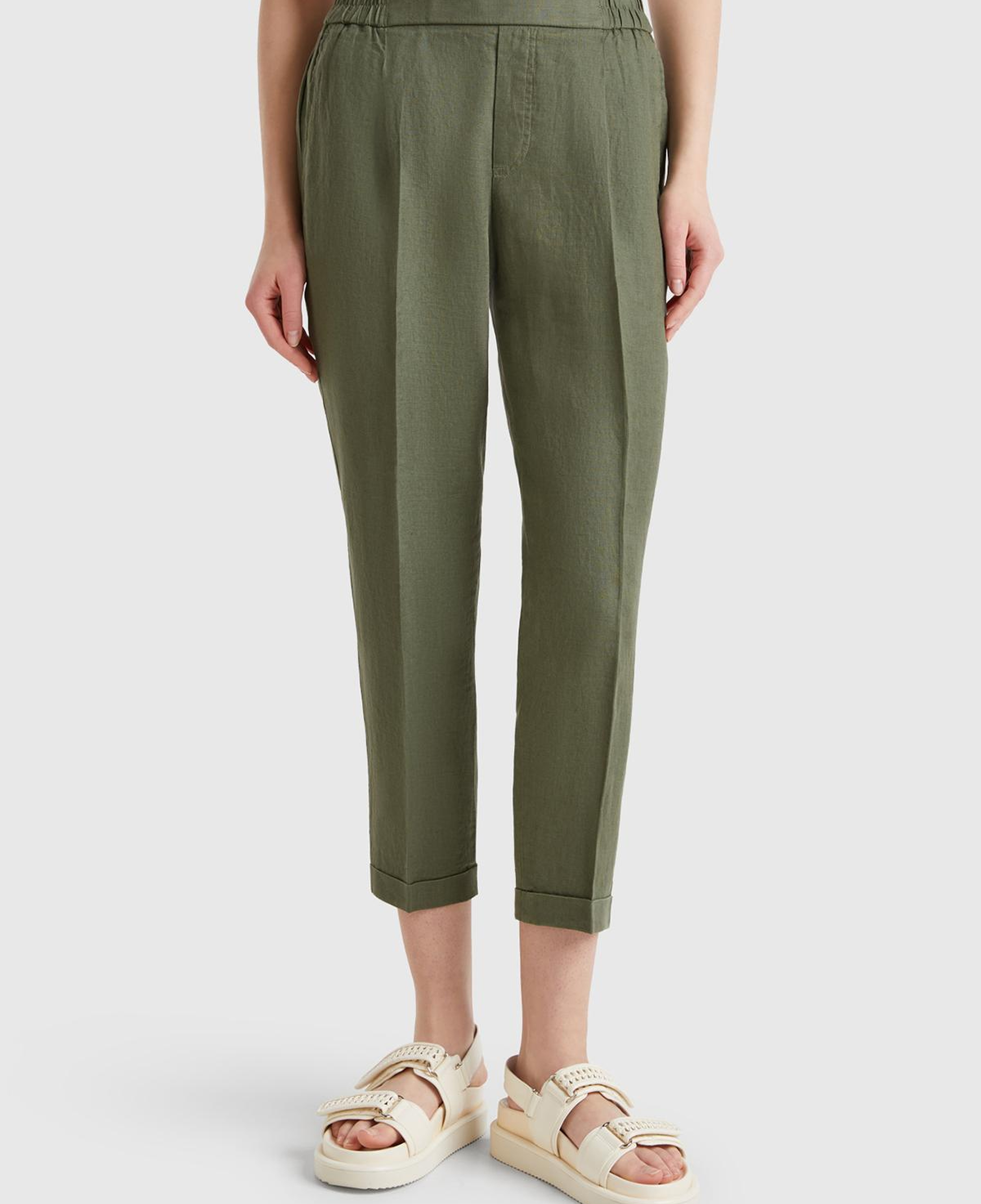 Kadın Haki %100 Keten Beli Lastikli Pantolon