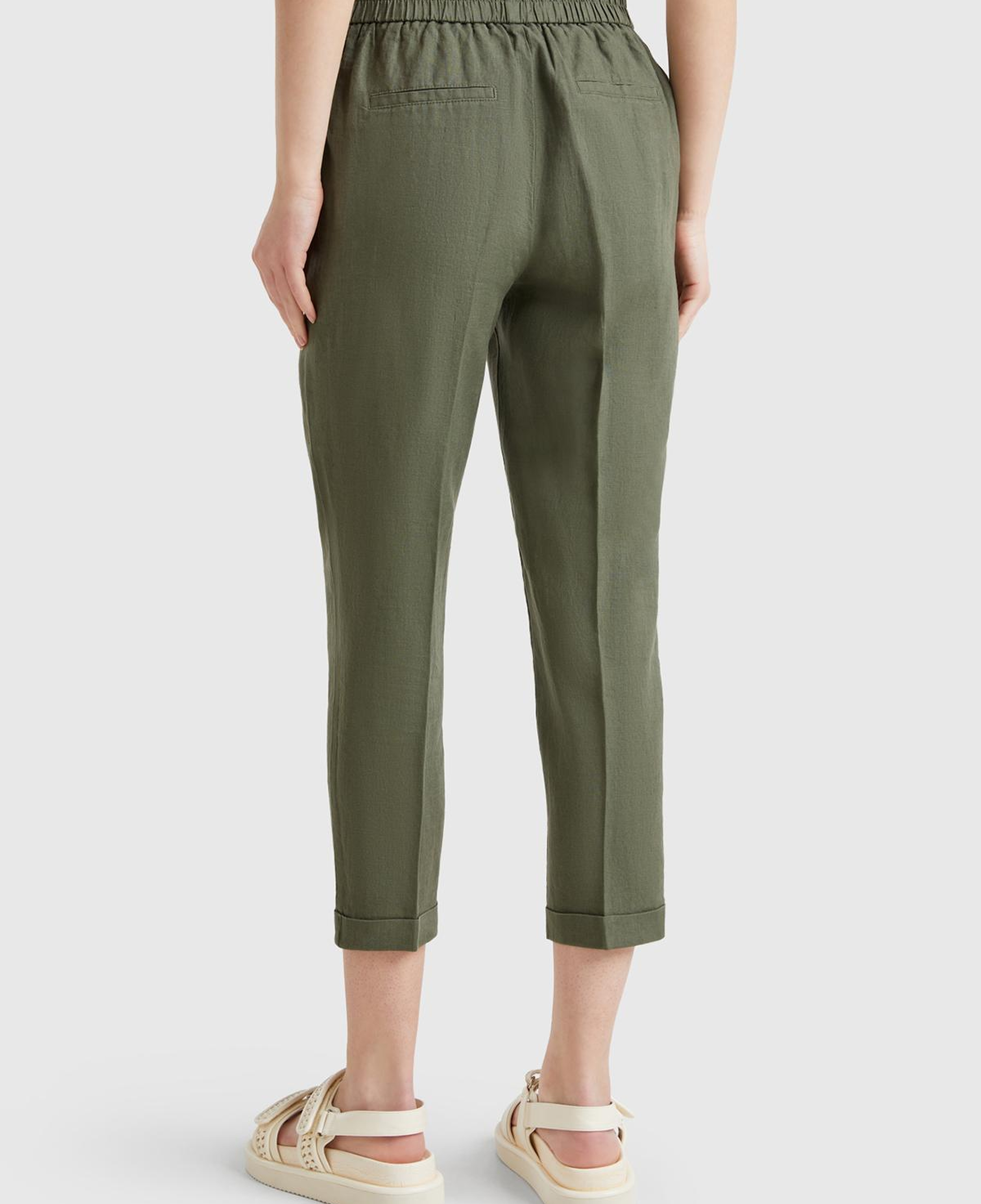 Kadın Haki %100 Keten Beli Lastikli Pantolon