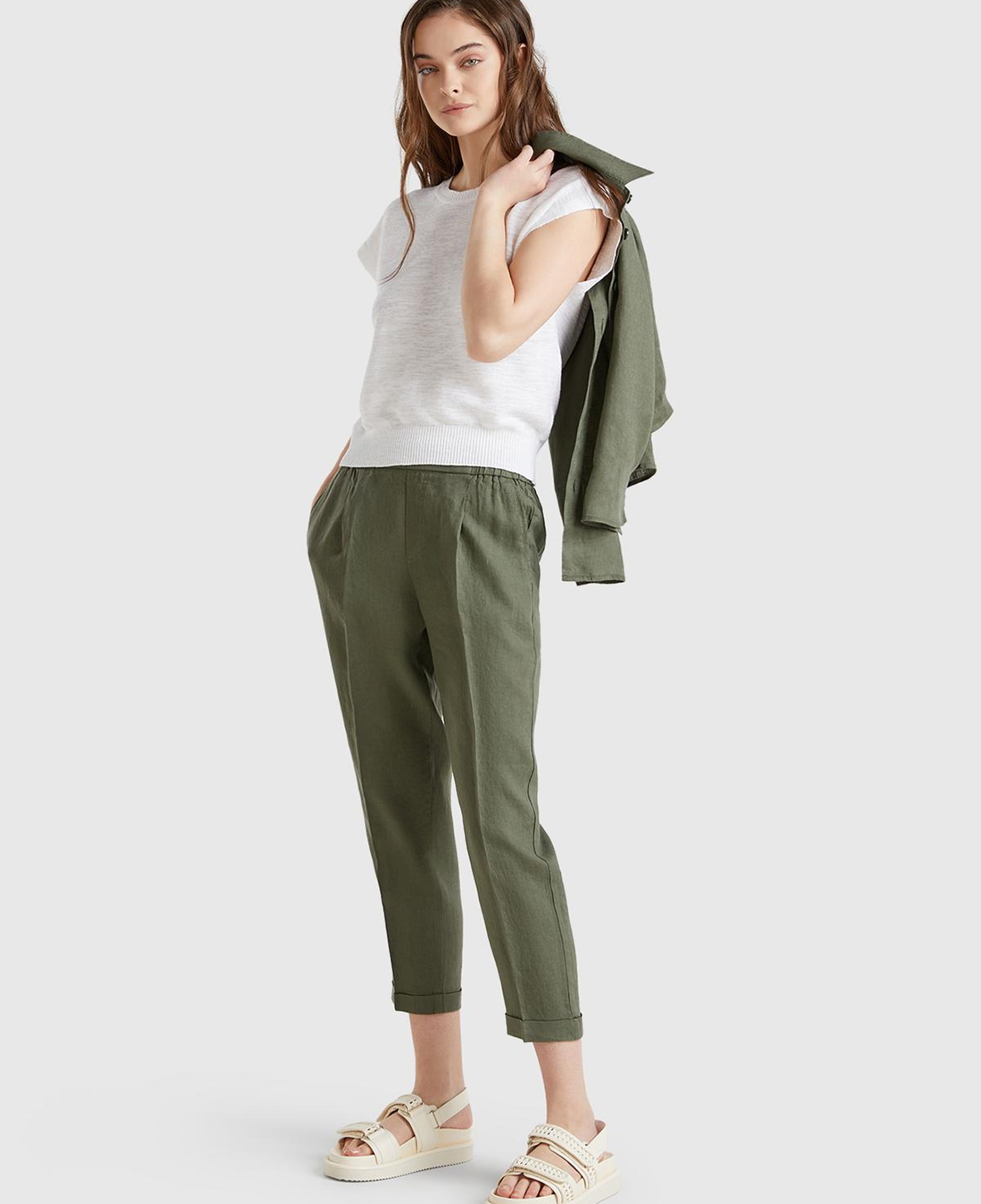 Kadın Haki %100 Keten Beli Lastikli Pantolon