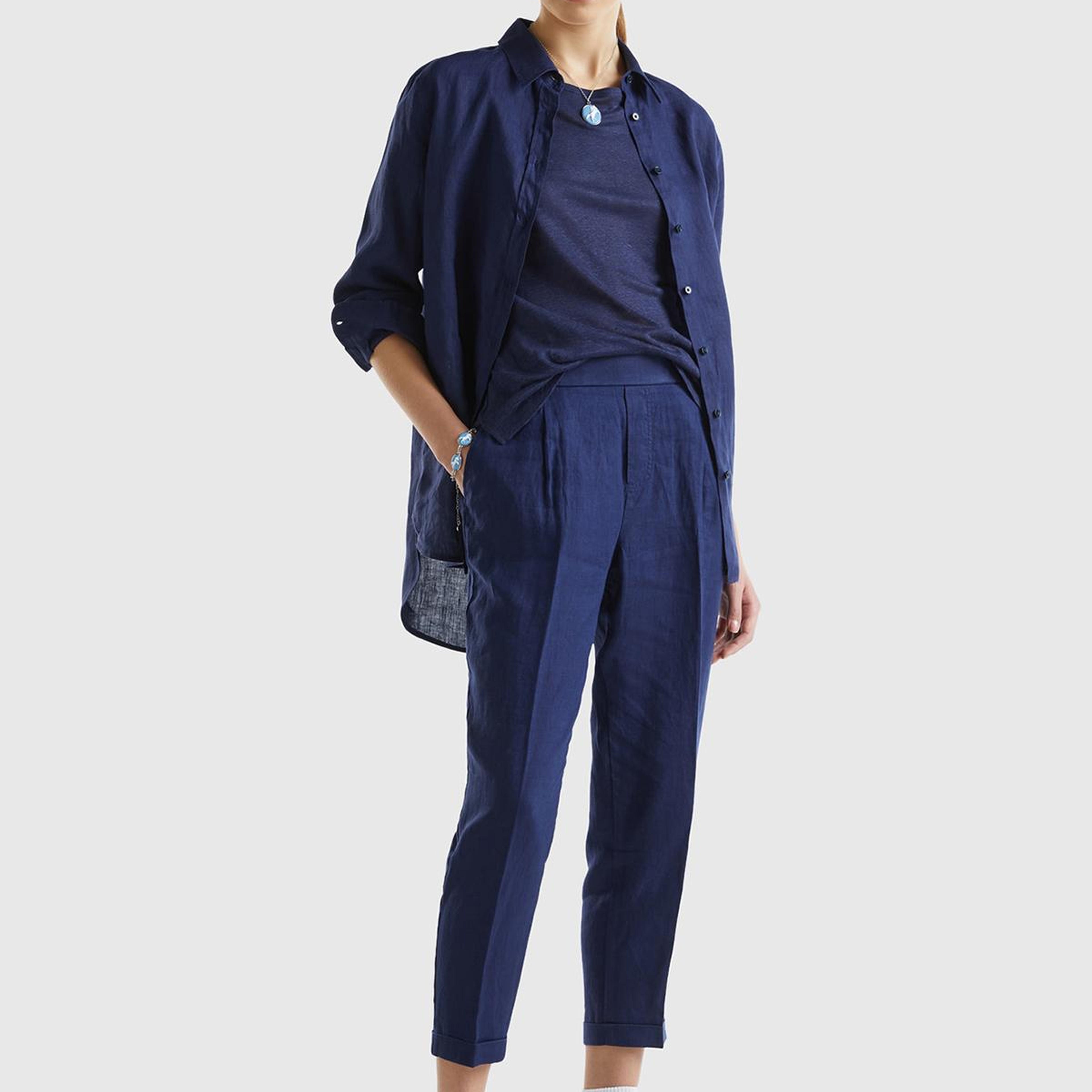 Kadın Lacivert %100 Keten Beli Lastikli Pantolon