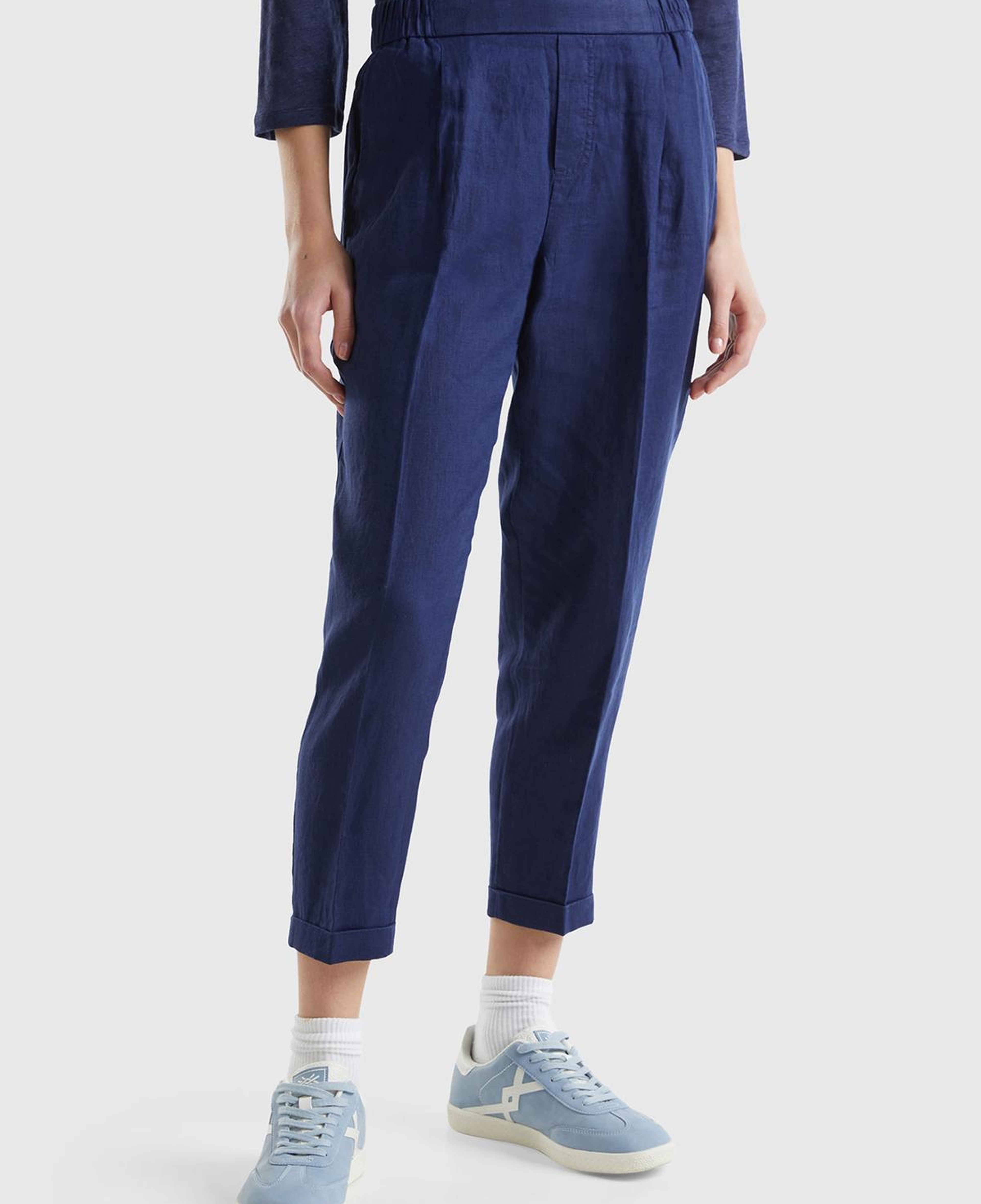 Kadın Lacivert %100 Keten Beli Lastikli Pantolon