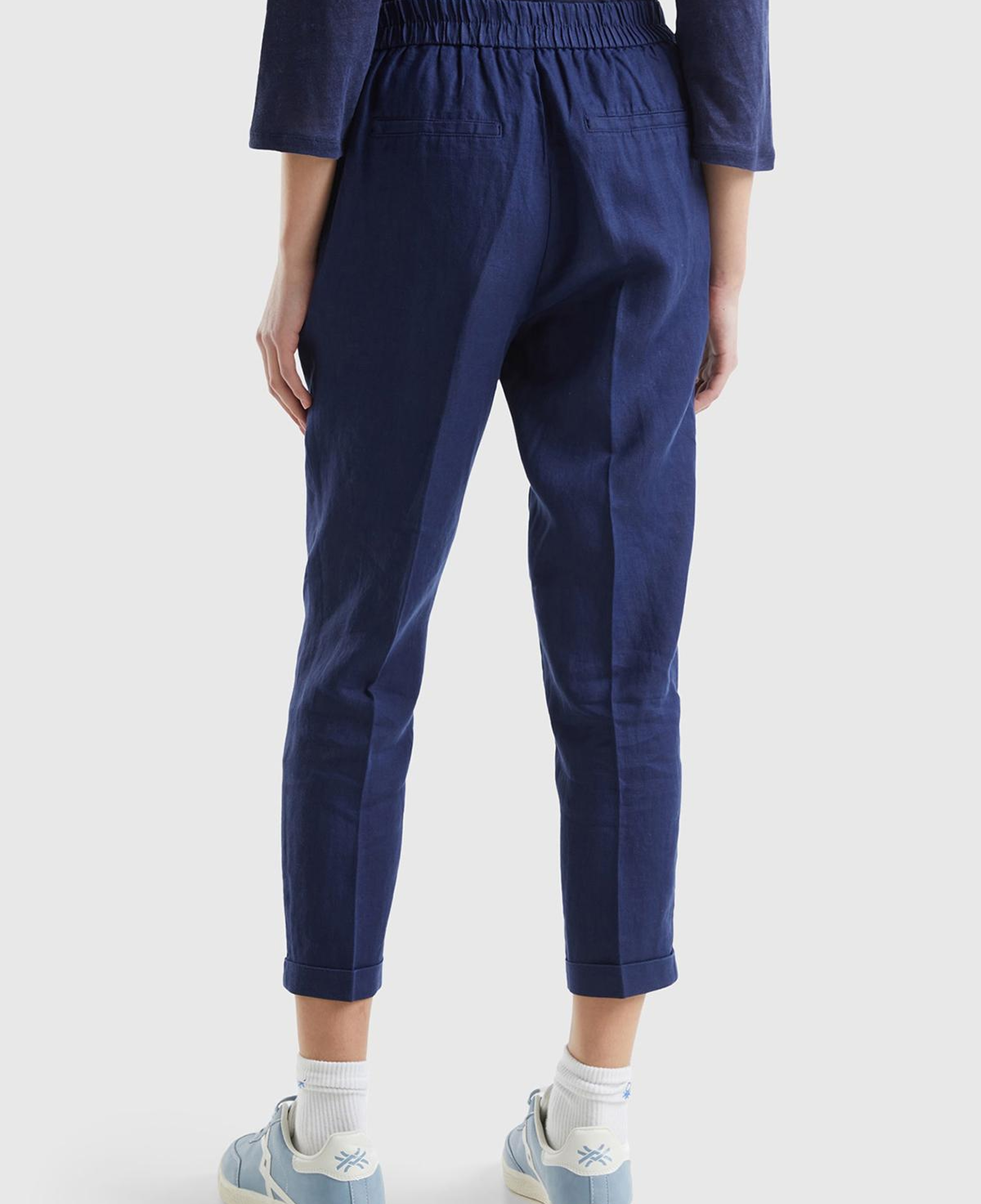 Kadın Lacivert %100 Keten Beli Lastikli Pantolon