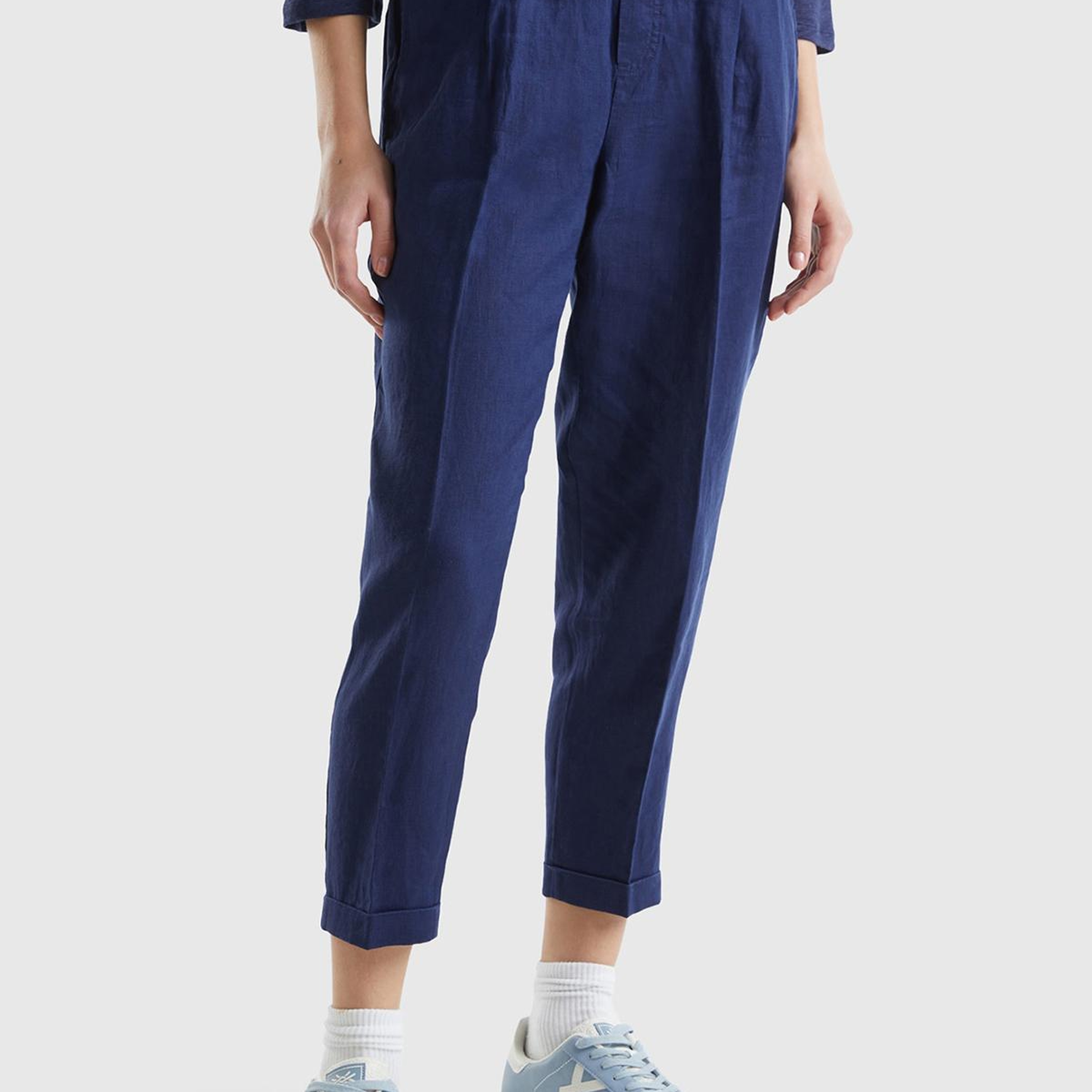 Kadın Lacivert %100 Keten Beli Lastikli Pantolon