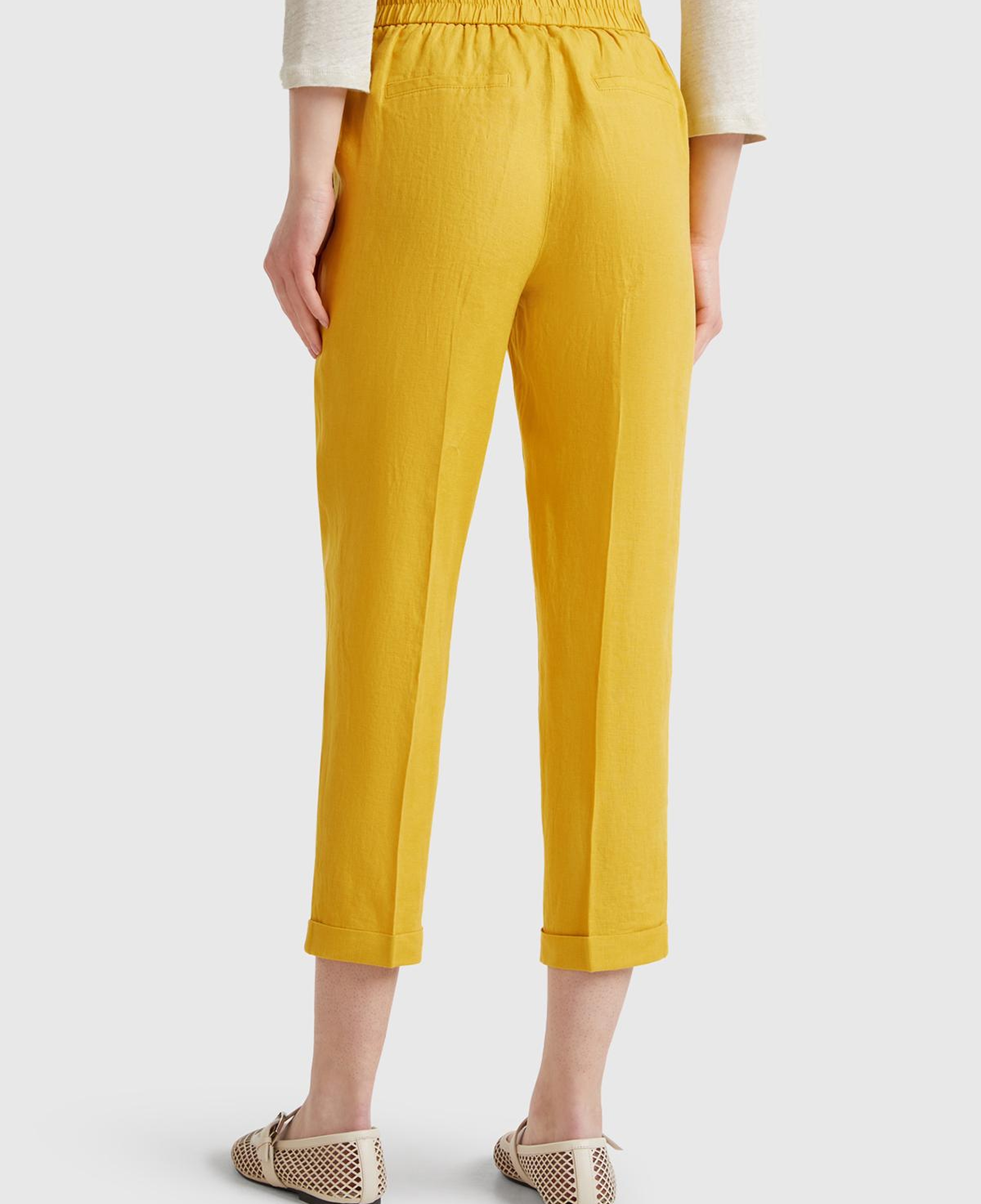 Kadın Sarı %100 Keten Beli Lastikli Pantolon