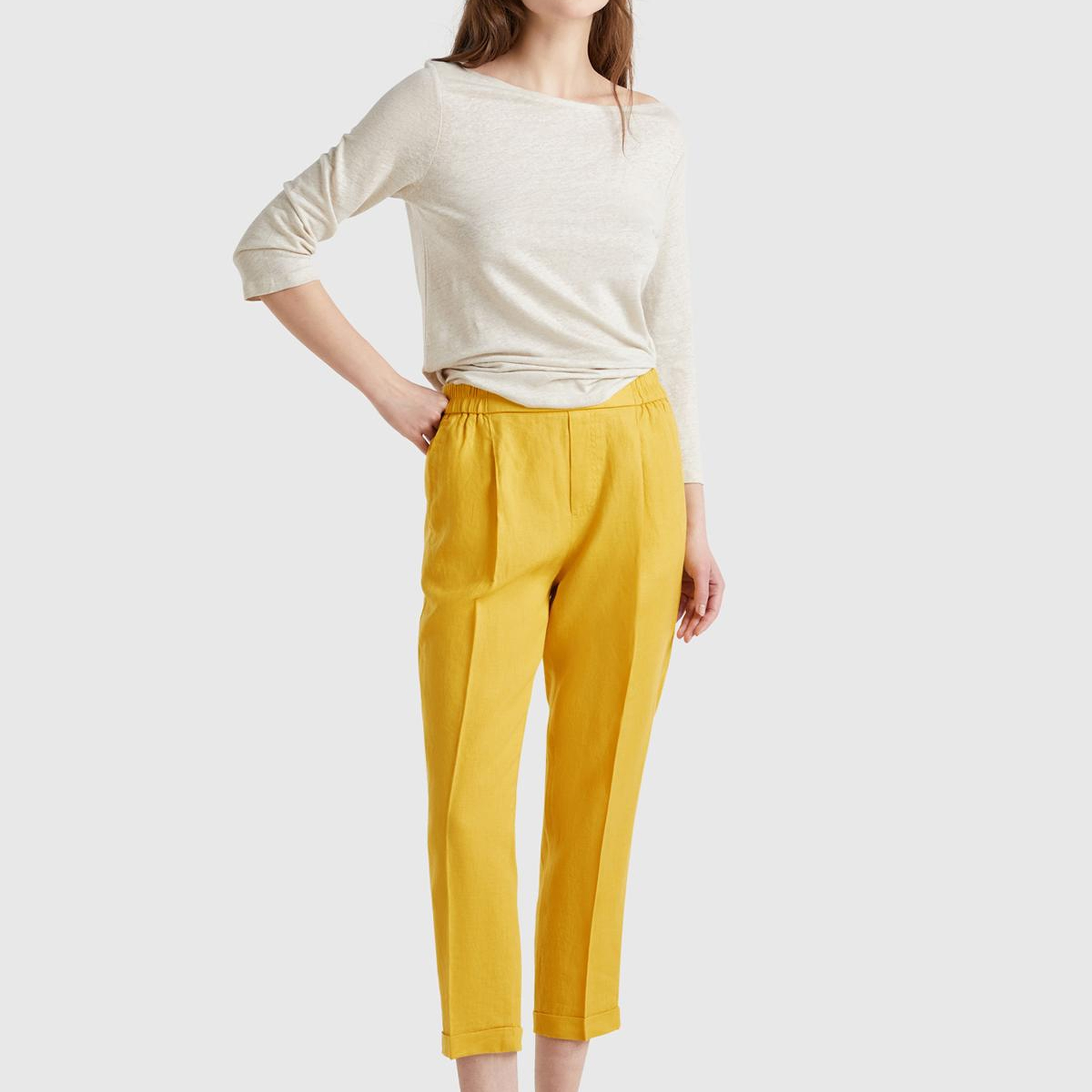 Kadın Sarı %100 Keten Beli Lastikli Pantolon