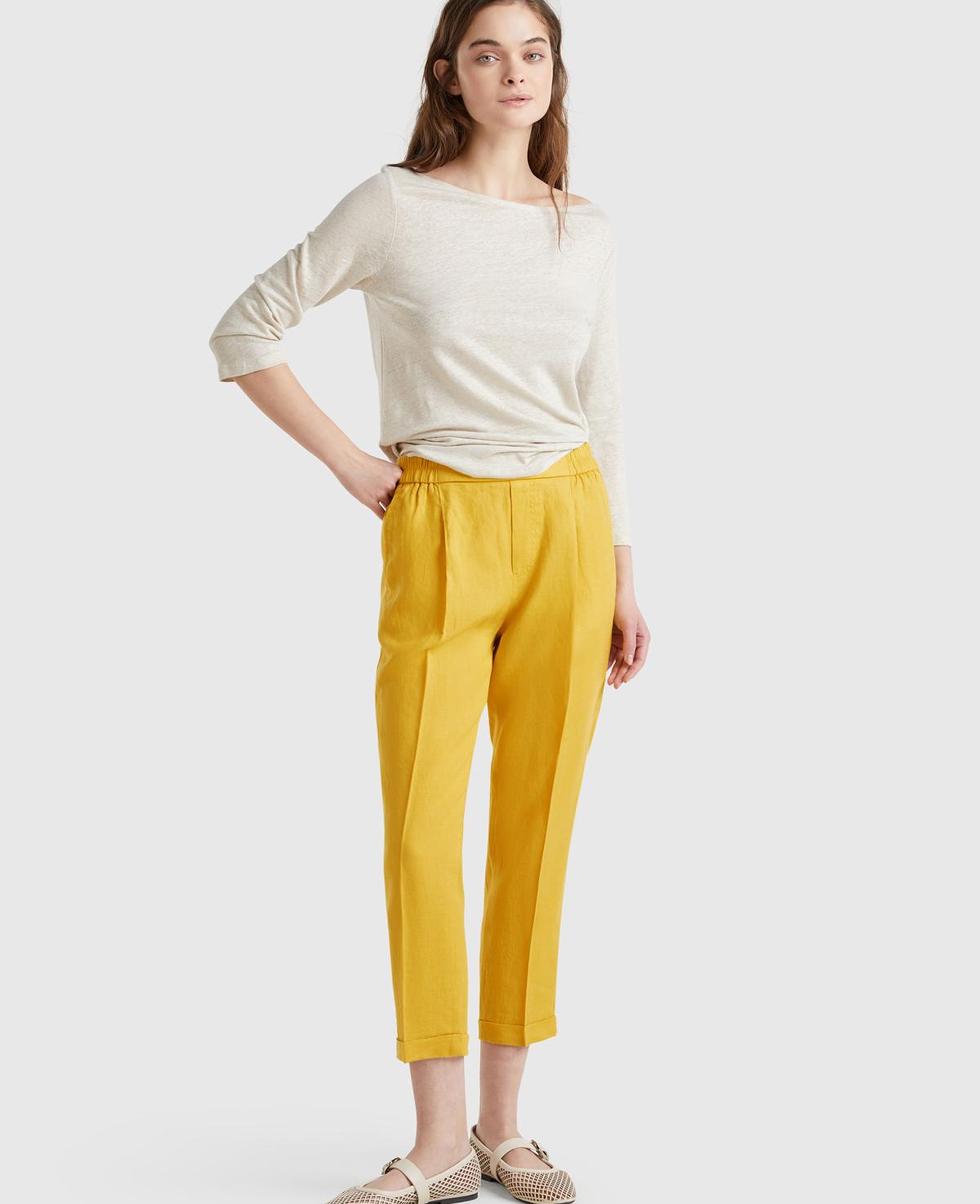 Kadın Sarı %100 Keten Beli Lastikli Pantolon