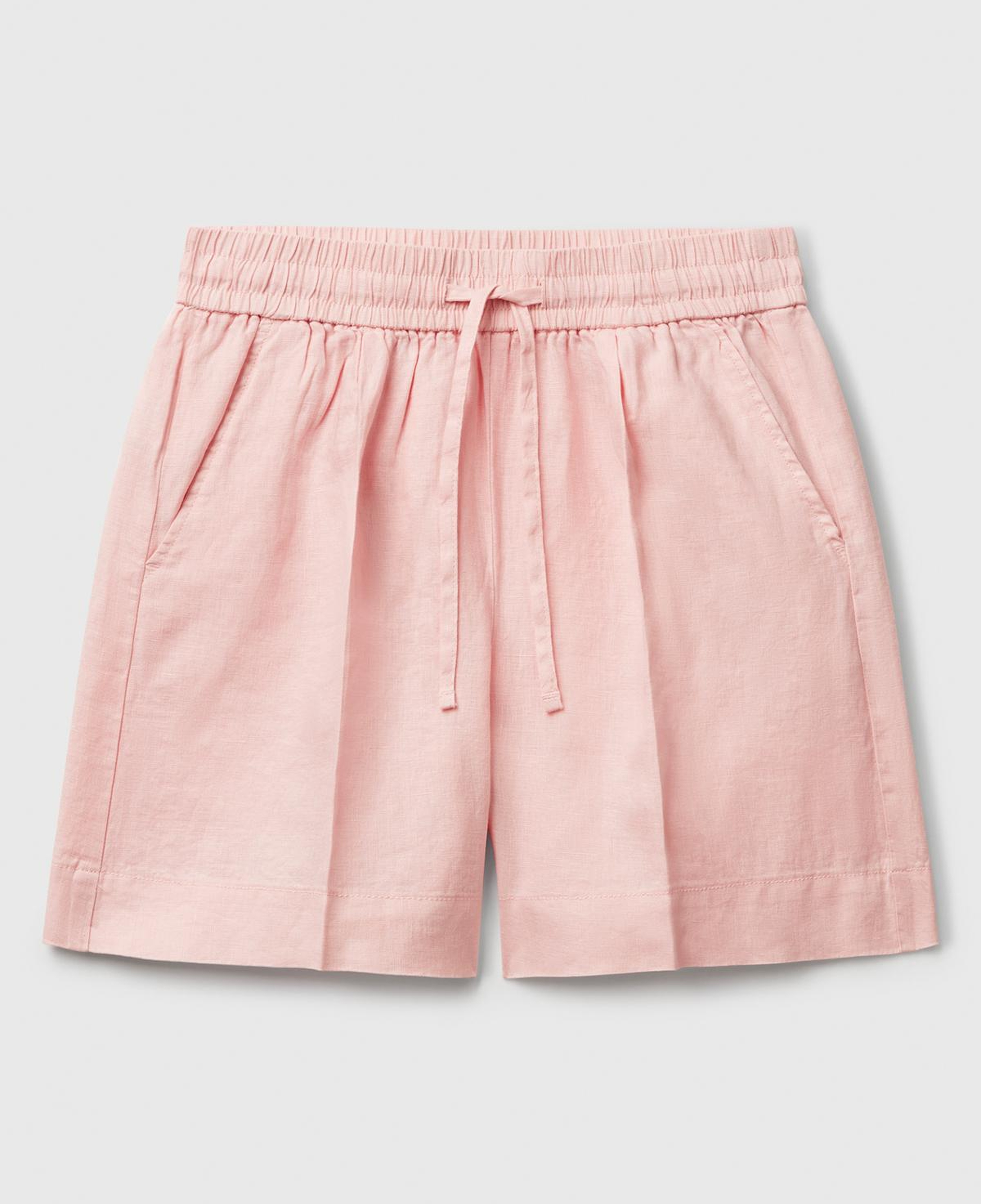 Kadın Pembe %100 Keten Büzgü İpli Cepli Bermuda Şort