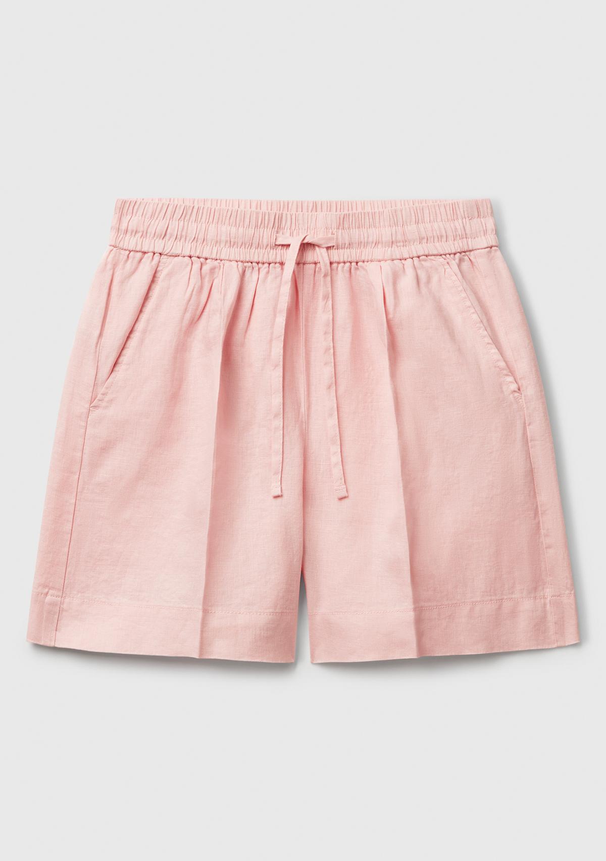 Kadın Pembe %100 Keten Büzgü İpli Cepli Bermuda Şort