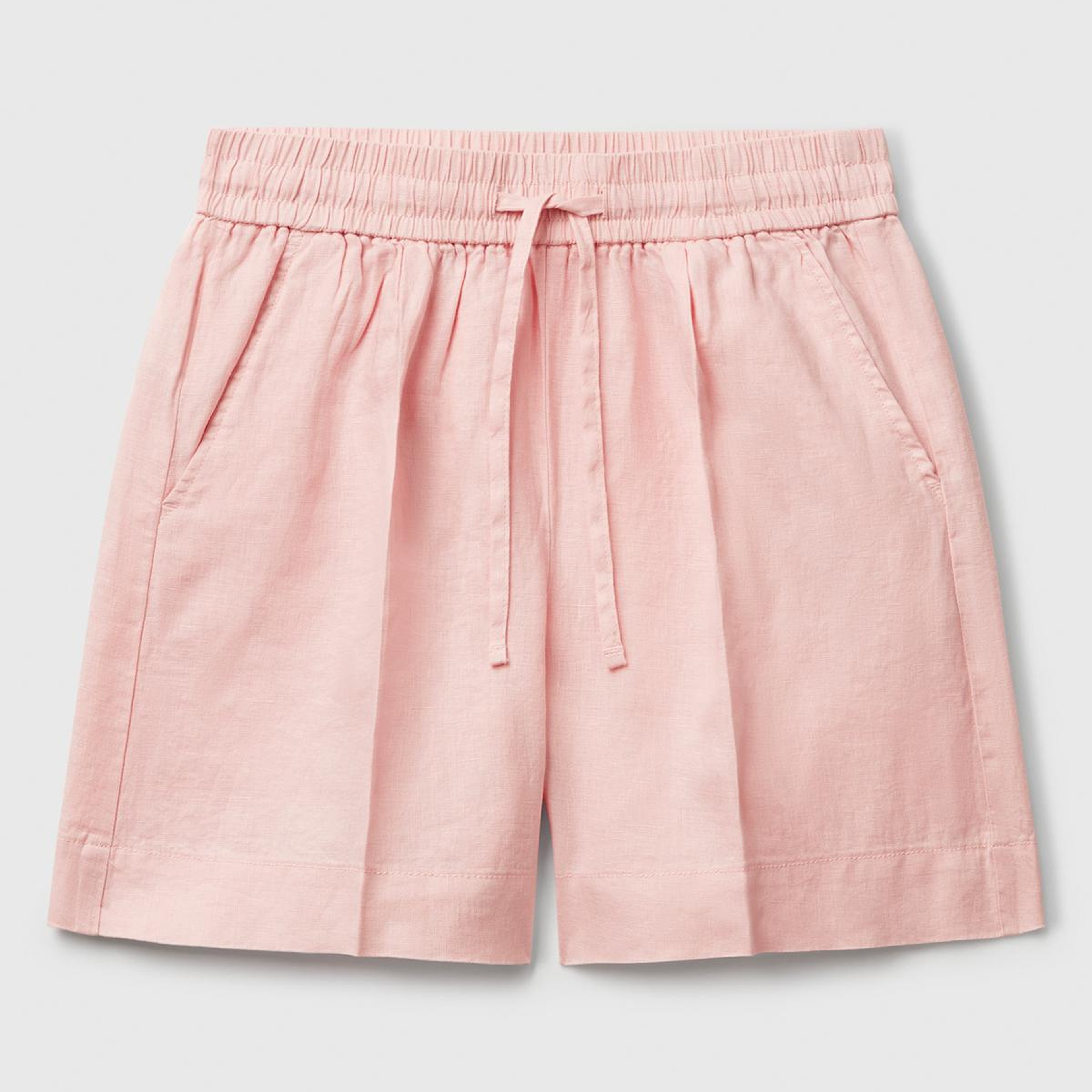 Kadın Pembe %100 Keten Büzgü İpli Cepli Bermuda Şort