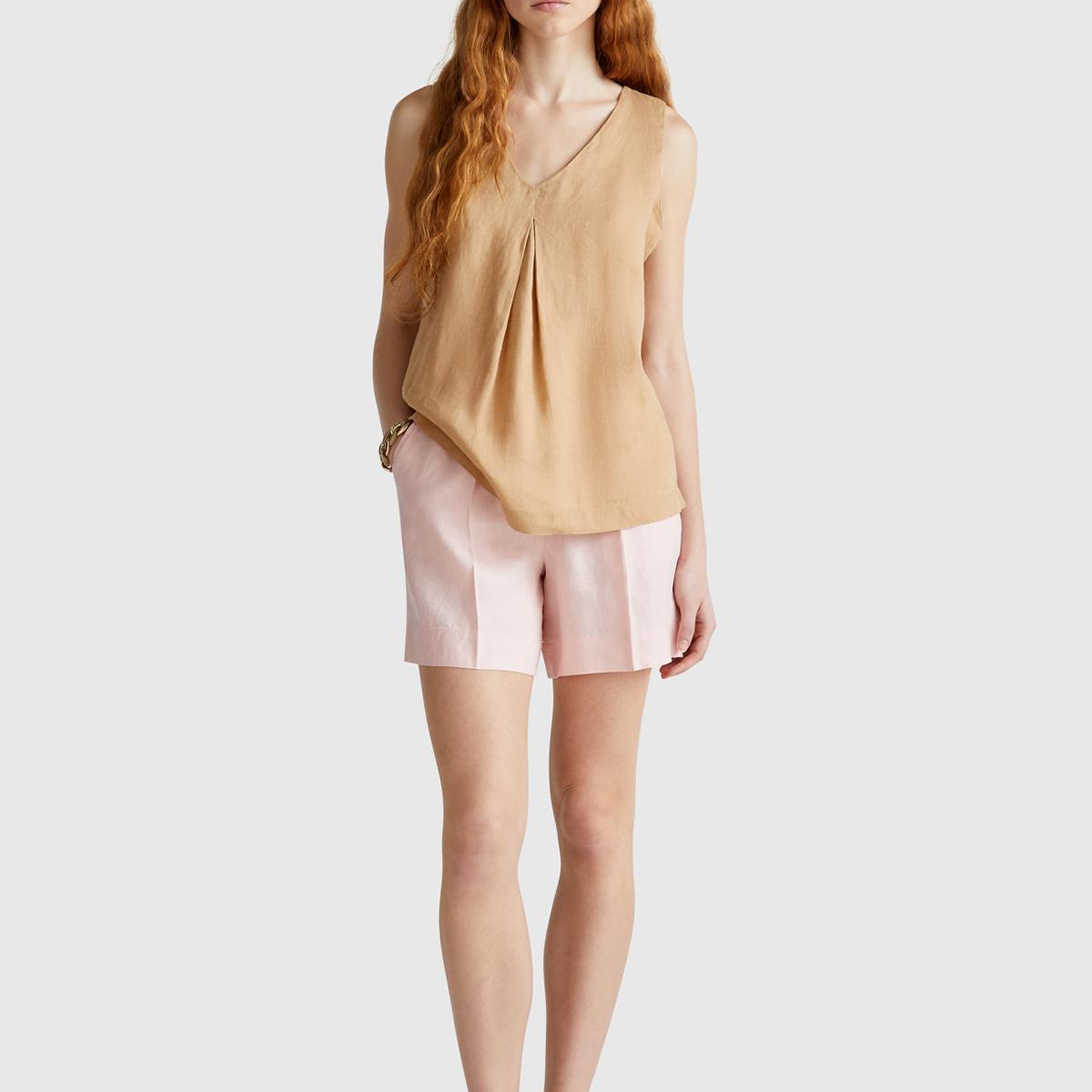 Kadın Pembe %100 Keten Büzgü İpli Cepli Bermuda Şort