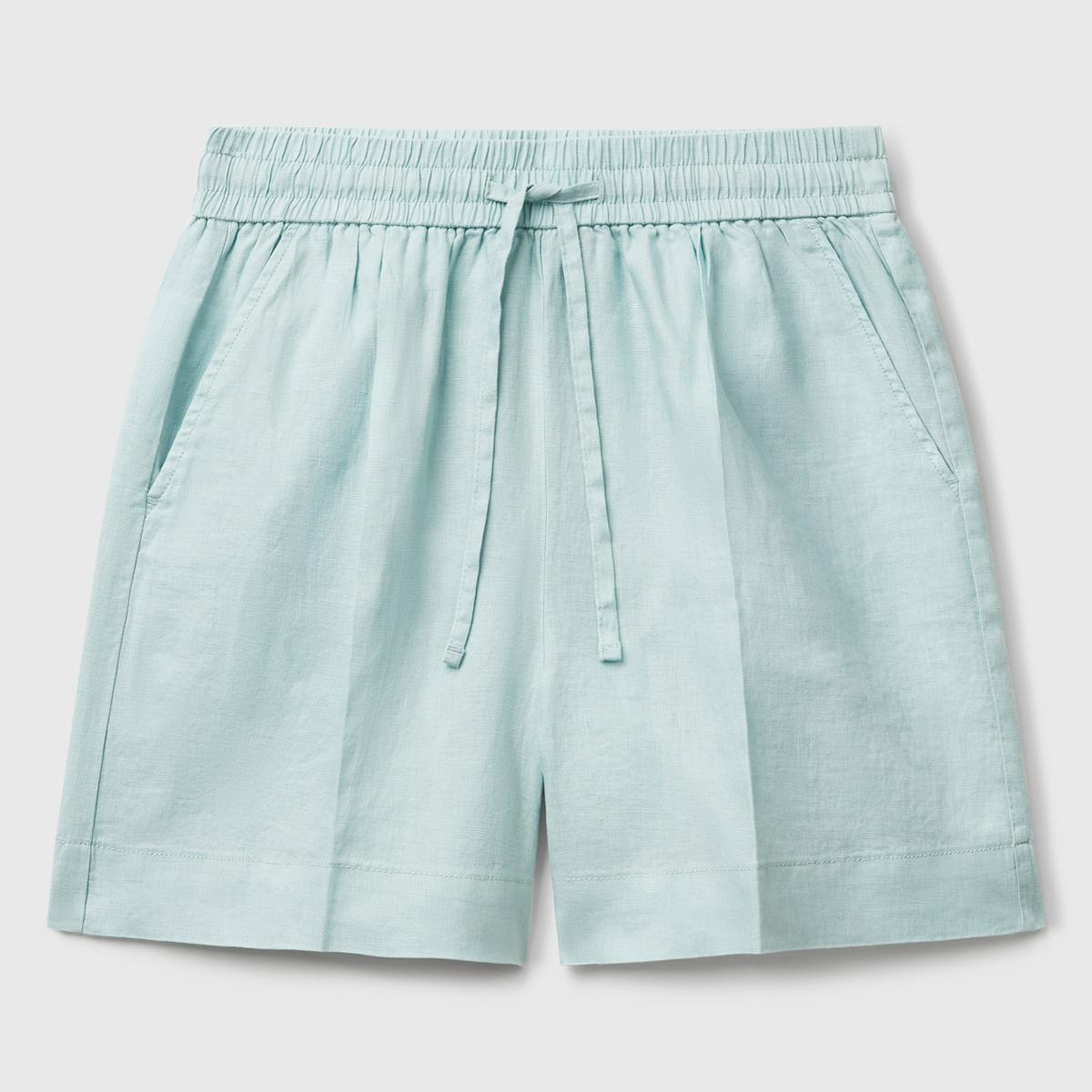 Kadın Su Yeşili %100 Keten Büzgü İpli Cepli Bermuda Şort