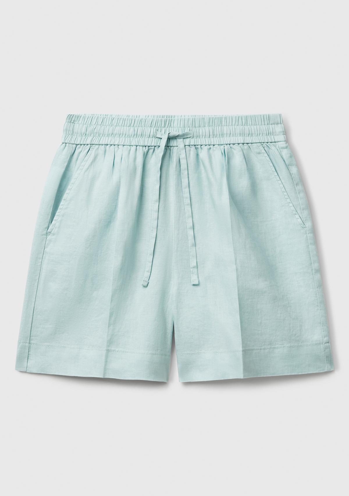 Kadın Su Yeşili %100 Keten Büzgü İpli Cepli Bermuda Şort