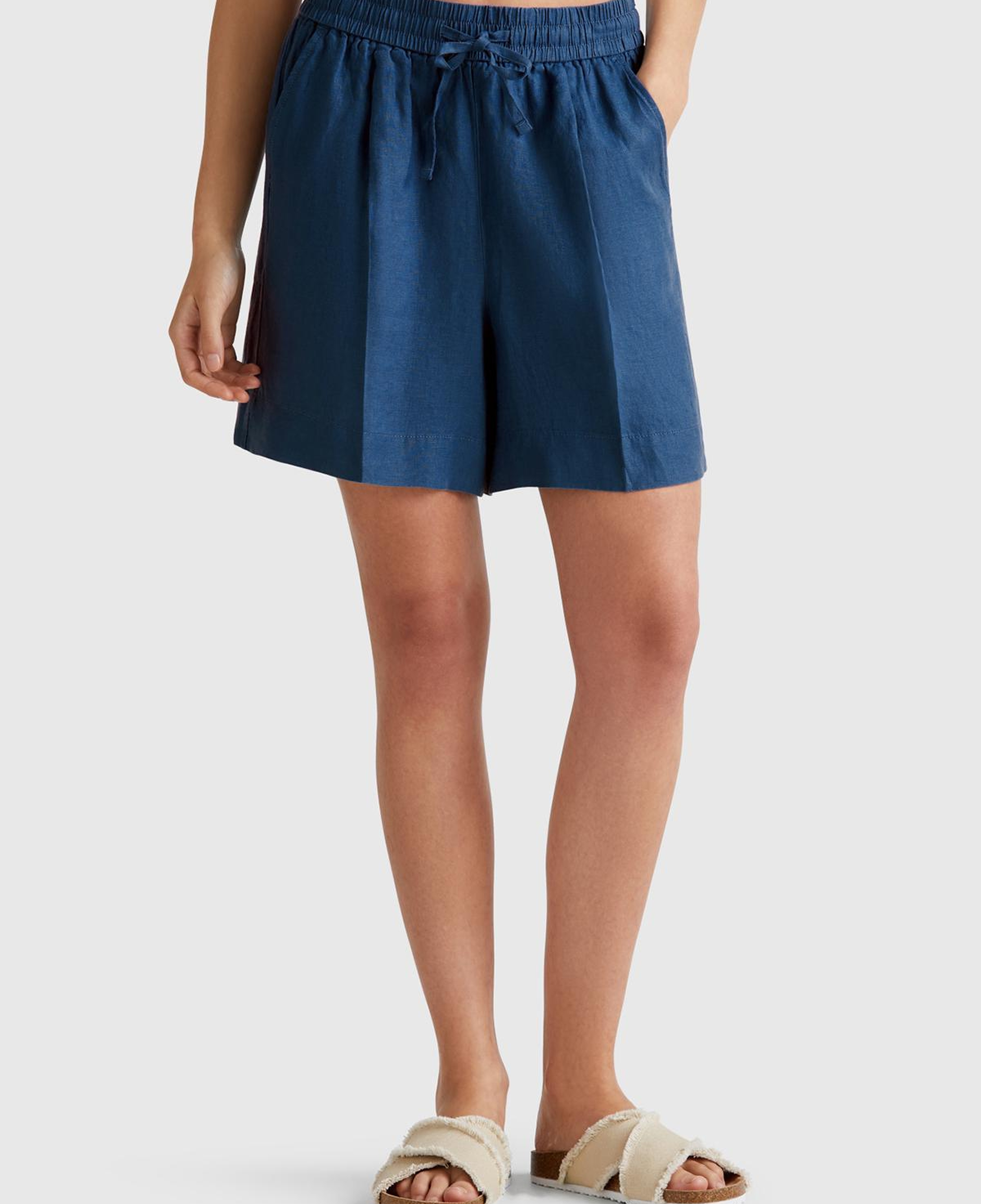 Kadın Denim %100 Keten Büzgü İpli Cepli Bermuda Şort